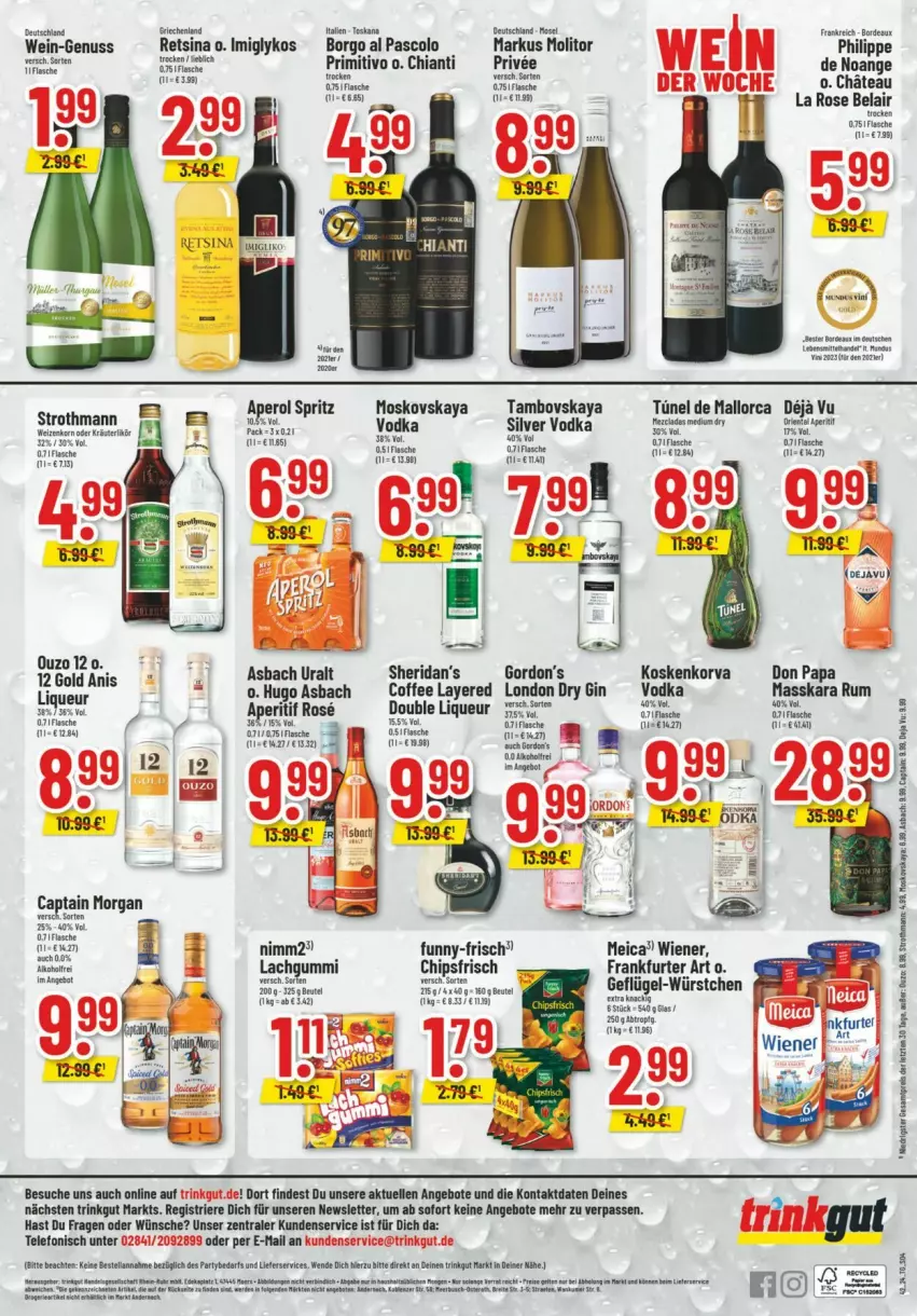 Aktueller Prospekt Trinkgut - Prospekte - von 13.10 bis 19.10.2024 - strona 6 - produkty: angebot, angebote, aperitif, aperol, asbach uralt, Cap, chia, chianti, chips, chipsfrisch, deit, dry gin, eis, elle, ente, fisch, fische, flasche, frankfurter, funny-frisch, Geflügel, gin, gordon, gordon's, hose, hugo, lachgummi, liqueur, london dry, london dry gin, mam, meica, moskovskaya, nimm2, nuss, ouzo, ouzo 12, primitivo, reis, Retsina, rum, telefon, Ti, vodka, wein, wiener, würstchen, ZTE