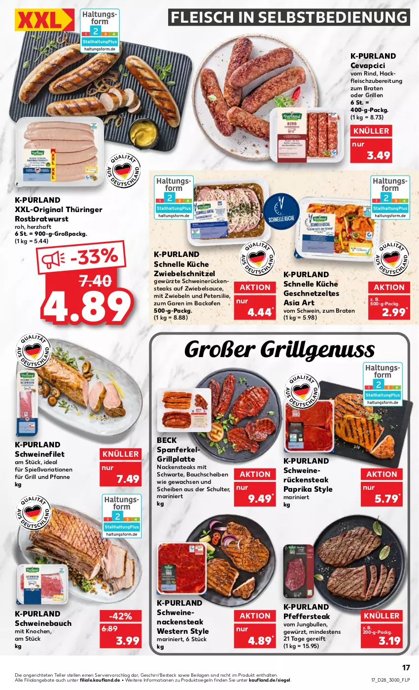 Aktueller Prospekt Kaufland - von 14.07 bis 20.07.2022 - strona 17 - produkty: angebot, angebote, backofen, Bau, bauchscheiben, besteck, braten, bratwurst, cevapcici, eis, elle, filet, fleisch, fleisch in selbstbedienung, für grill und pfanne, geschirr, geschnetzeltes, gewürz, gin, grill, grill und pfanne, grillplatte, hackfleisch, ilag, jungbullen, küche, latte, LG, mit zwiebeln, Nackensteak, nackensteaks, nuss, Ofen, original thüringer, paprika, petersilie, pfanne, pfeffer, purland, Ria, rind, ring, rostbratwurst, Rückensteak, rückensteaks, sauce, schnitzel, schwein, schweine, Schweinebauch, schweinefilet, schweinenacken, schweinerücken, steak, steaks, teller, thüringer rostbratwurst, Ti, und pfanne, wein, weine, Weste, wurst, Zelt, ZTE, zwiebel, zwiebeln