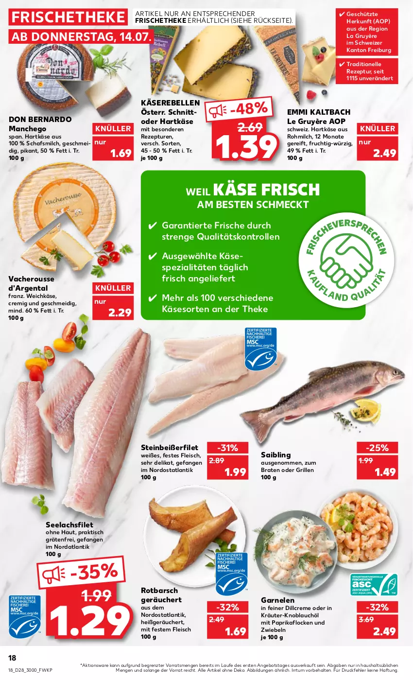 Aktueller Prospekt Kaufland - von 14.07 bis 20.07.2022 - strona 18 - produkty: angebot, braten, creme, eis, elle, emmi, filet, fleisch, frucht, garnelen, grill, hartkäse, hero, Käse, Käserebellen, knoblauch, kräuter, lachs, lachsfilet, Manchego, milch, mit paprika, paprika, rebell, rezept, Rotbarsch, Saibling, seelachsfilet, Spezi, Steinbeißer, Steinbeißerfilet, Ti, tisch, weichkäse, ZTE, zwiebel, zwiebeln