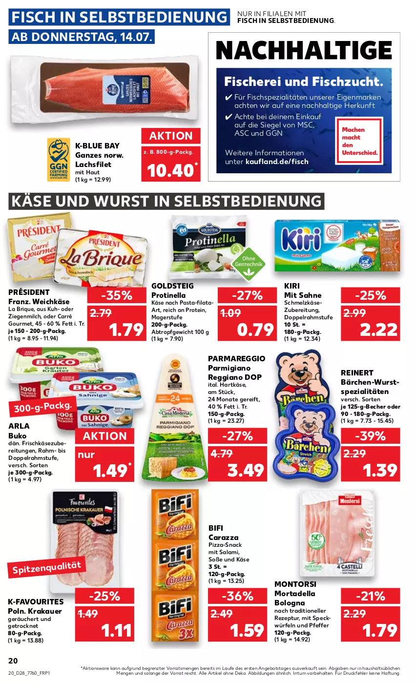 Aktueller Prospekt Kaufland - von 14.07 bis 20.07.2022 - strona 20 - produkty: angebot, arla, arla buko, auer, Becher, bifi, Buko, dell, doppelrahmstufe, elle, filet, fisch, fische, Fischer, Fischspezialitäten, frischkäse, frischkäsezubereitung, goldsteig, hartkäse, Käse, kiri, krakauer, lachs, lachsfilet, milch, montorsi, mortadella, parmigiano, parmigiano reggiano, pasta, pfeffer, pizza, reggiano, reinert, rezept, sahne, salami, Schere, Schmelzkäse, schmelzkäsezubereitung, snack, Soße, Speck, Spezi, Ti, weichkäse, würfel, wurst, wurst in selbstbedienung, ZTE