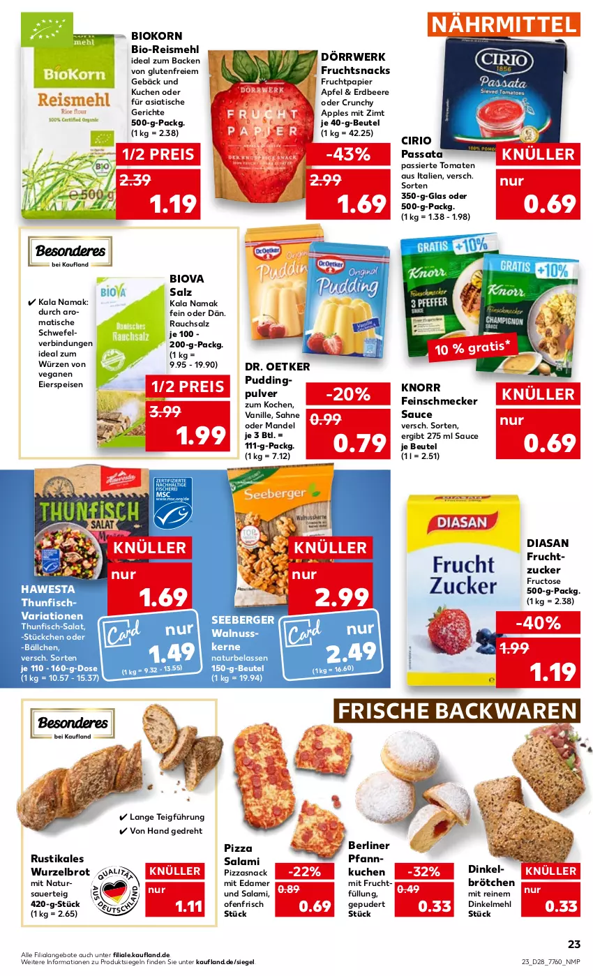 Aktueller Prospekt Kaufland - von 14.07 bis 20.07.2022 - strona 23 - produkty: angebot, angebote, apfel, Apple, auer, backwaren, beere, Berger, berliner, beutel, bio, brot, brötchen, cirio, dinkelmehl, Dr. Oetker, edamer, eier, eis, erdbeere, feinschmecker, fisch, frische backwaren, frucht, hawesta, knorr, korn, kuchen, mandel, mehl, mit frucht, natur, nuss, Ofen, papier, Pfannkuchen, pizza, pudding, Rauch, reis, Ria, rwe, sahne, salami, salat, salz, sauce, seeberger, snack, snacks, thunfisch, Ti, tisch, tomate, tomaten, vanille, walnuss, walnusskerne, zucker