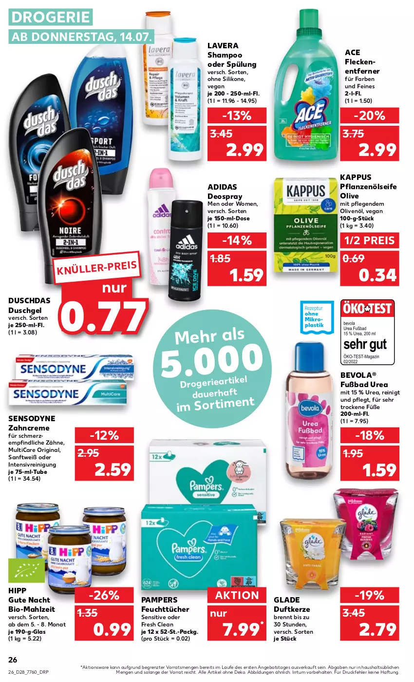 Aktueller Prospekt Kaufland - von 14.07 bis 20.07.2022 - strona 26 - produkty: Adidas, angebot, auer, Bad, bio, creme, deo, deospray, Duftkerze, duschdas, duschgel, eis, feuchttücher, Fleckenentferner, gin, Glade, hipp, kerze, lavera, olive, oliven, olivenöl, pampers, pflanze, pflanzen, Pflanzenöl, Reinigung, reis, Seife, sensodyne, shampoo, shampoo oder spülung, spülung, Ti, tücher, zahncreme, ZTE