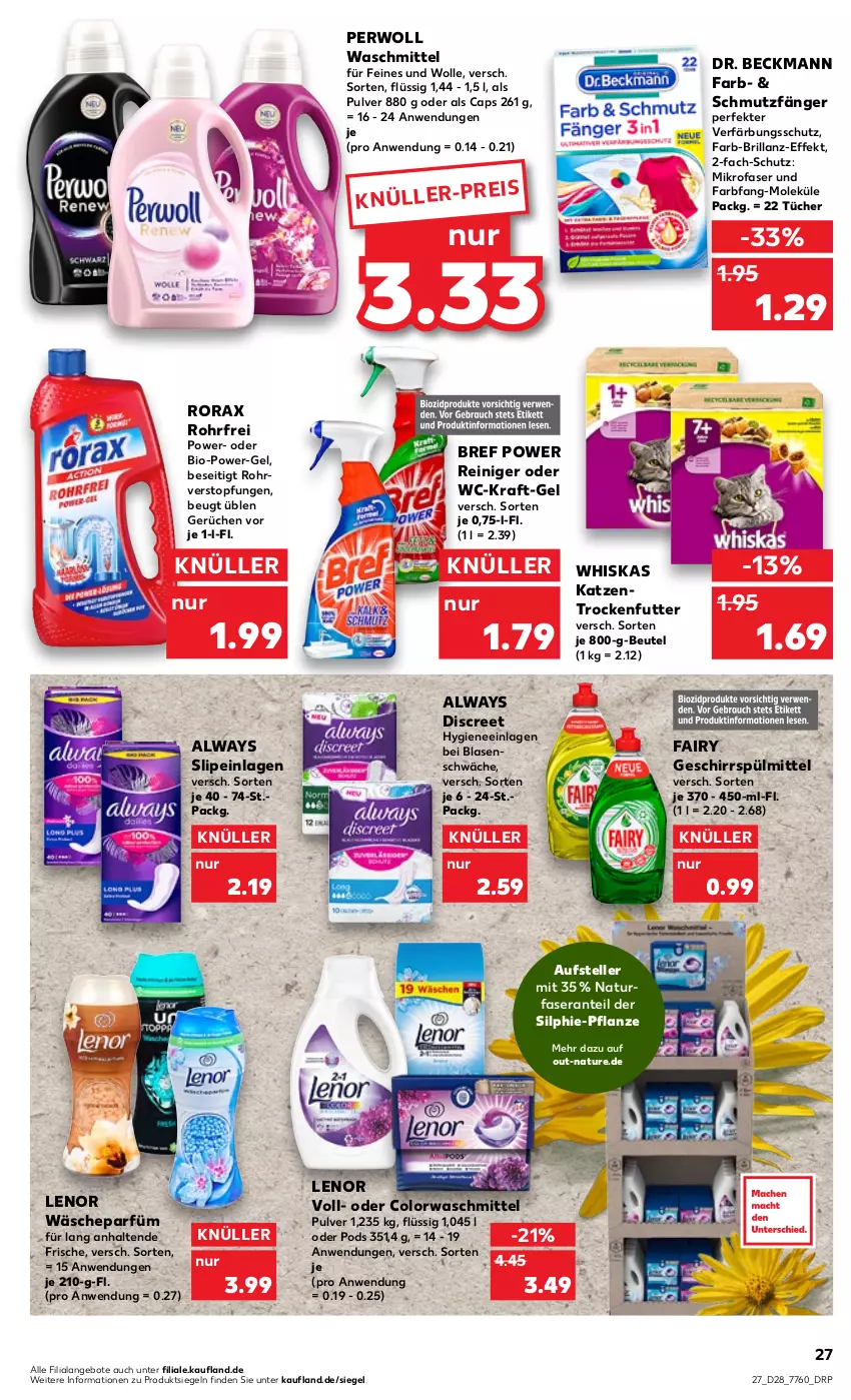 Aktueller Prospekt Kaufland - von 14.07 bis 20.07.2022 - strona 27 - produkty: Alwa, Always, angebot, angebote, beutel, bio, Bref, bref power, Cap, colorwaschmittel, Discreet, Dr. Beckmann, eis, elle, fairy, geschirr, geschirrspülmittel, Katzentrockenfutter, kraft, lenor, mikrofaser, natur, perwoll, pflanze, Pods, power-gel, reiniger, rorax, slip, slipeinlagen, spülmittel, teller, Ti, topf, trockenfutter, tücher, verfärbungsschutz, wäscheparfüm, waschmittel, whiskas, wolle