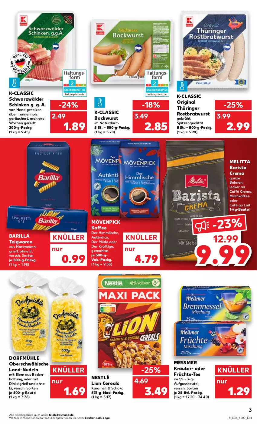 Aktueller Prospekt Kaufland - von 14.07 bis 20.07.2022 - strona 3 - produkty: angebot, angebote, barilla, beutel, bockwurst, bohne, bohnen, bratwurst, café au lait, caffè crema, cereals, eier, früchte, gin, hartweizen, Holz, kaffee, karamell, kräuter, LG, lion, melitta, milch, mövenpick, mövenpick kaffee, natur, nestlé, nudel, nudeln, original thüringer, ring, rostbratwurst, salz, schinken, schoko, schwarzwälder schinken, spitzenqualität, tee, teigwaren, thüringer rostbratwurst, Ti, wurst