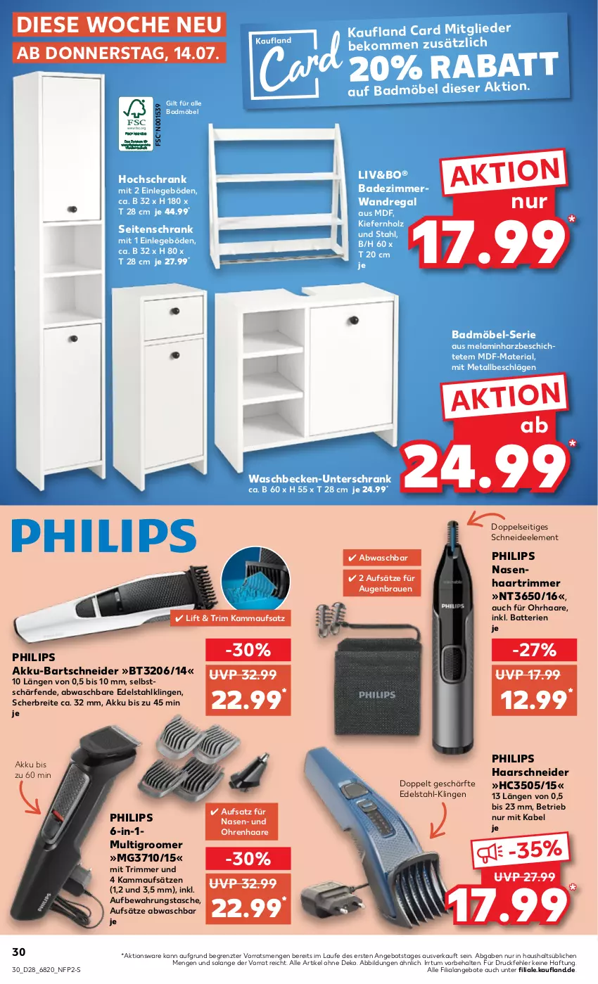 Aktueller Prospekt Kaufland - von 14.07 bis 20.07.2022 - strona 30 - produkty: akku, angebot, angebote, aufbewahrungstasche, Bad, Badmöbel, bartschneider, batterie, batterien, beko, Brei, edelstahl, haarschneider, hochschrank, Holz, möbel, Multigroom, Philips, regal, Ria, Schrank, Seitenschrank, Tasche, Ti, unterschrank, wandregal, waschbecken, ZTE