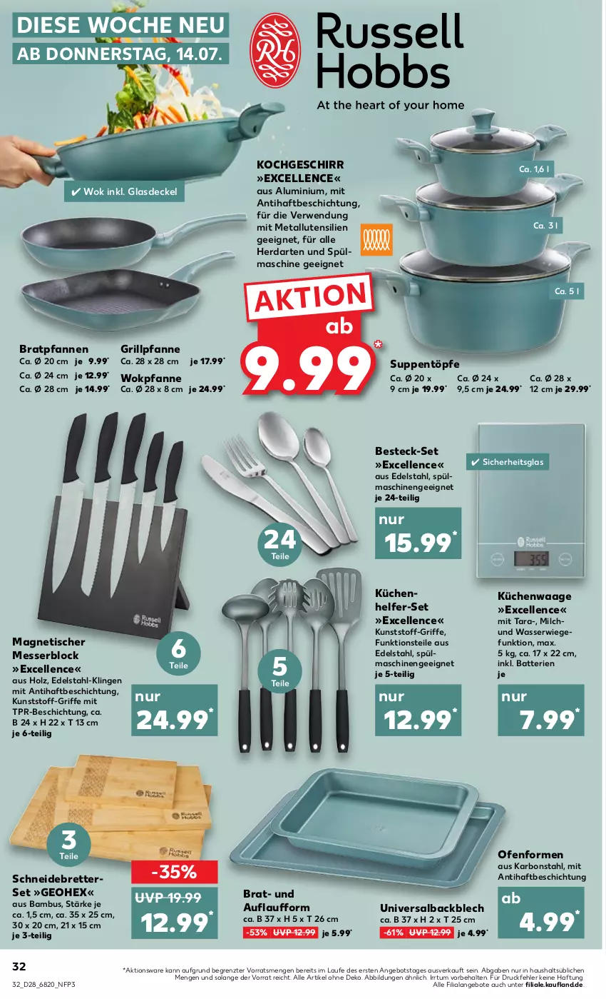 Aktueller Prospekt Kaufland - von 14.07 bis 20.07.2022 - strona 32 - produkty: angebot, angebote, bambus, batterie, batterien, besteck, besteck-set, bratpfanne, decke, Deckel, edelstahl, elle, gefu, geschirr, Glasdeckel, grill, Grillpfanne, herdarten, Holz, küche, Küchen, Küchenhelfer, Küchenwaage, messer, messerblock, milch, Ofen, pfanne, pfannen, rwe, schneidebrett, spülmaschinen, suppe, suppen, Ti, tisch, Waage, wasser, wok, ZTE