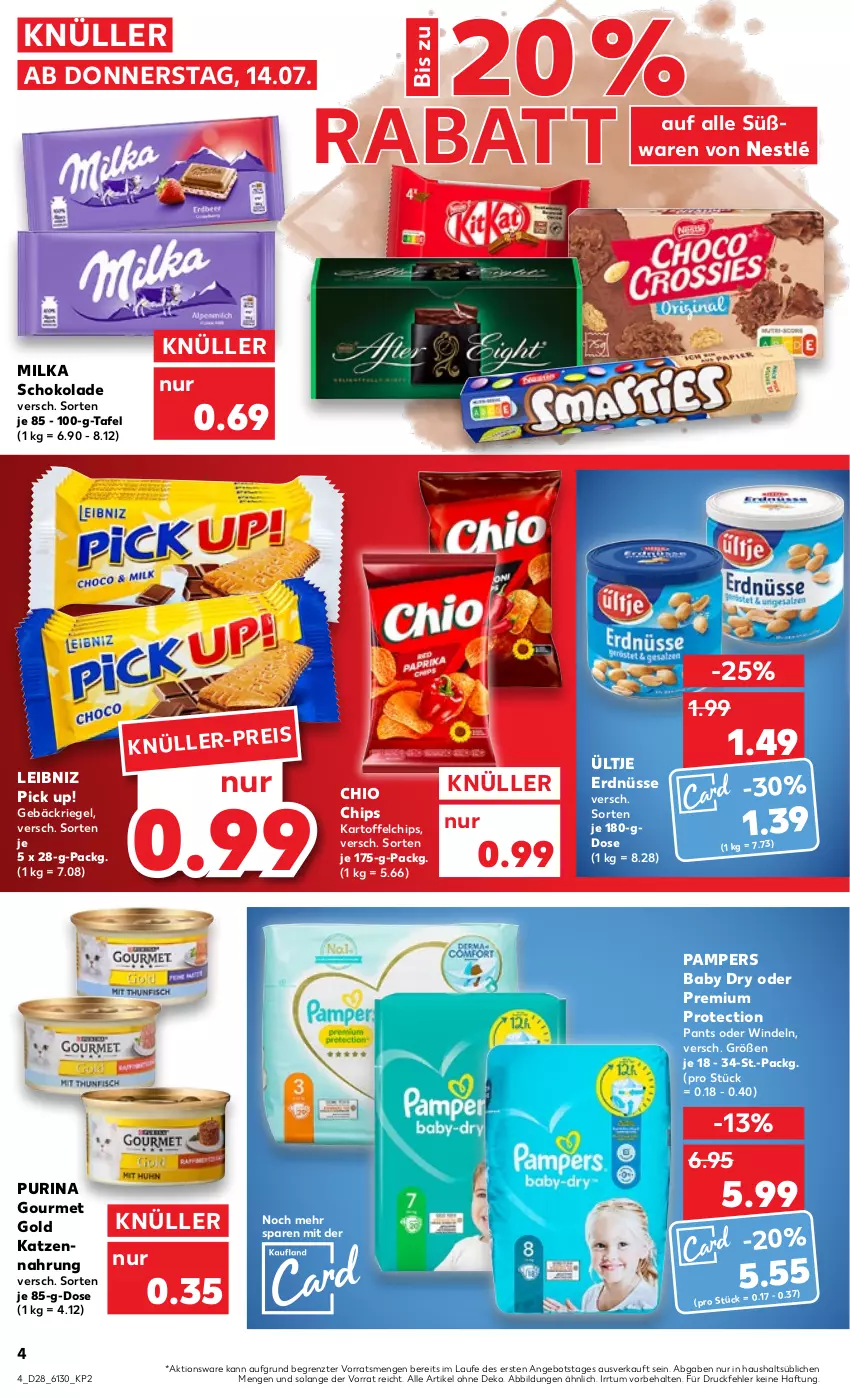 Aktueller Prospekt Kaufland - von 14.07 bis 20.07.2022 - strona 4 - produkty: angebot, chio chips, chips, eis, erdnüsse, gourmet gold, kartoffel, kartoffelchips, katzennahrung, leibniz, milka, milka schokolade, nestlé, pampers, pampers baby dry, Pants, Pick Up!, purina, riegel, schoko, schokolade, Ti, ültje, ültje erdnüsse, windeln, ZTE