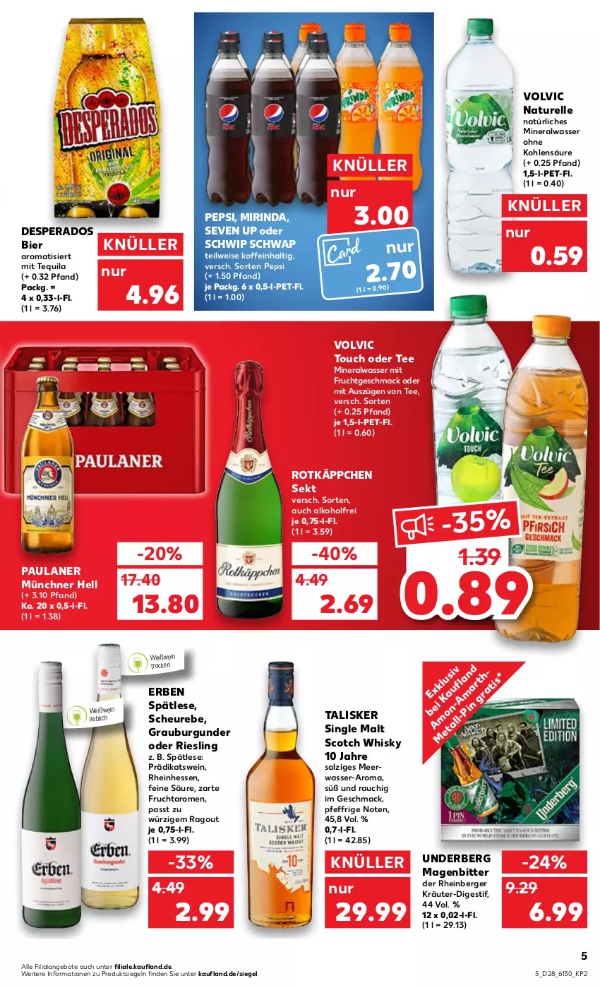 Aktueller Prospekt Kaufland - von 14.07 bis 20.07.2022 - strona 5 - produkty: alkohol, Alwa, angebot, angebote, Berger, bier, burgunder, desperados, eis, elle, frucht, grauburgunder, Heu, kräuter, mac, Meerwasser, mineralwasser, Mirinda, mit frucht, natur, natürliches mineralwasser, Paula, paulaner, pepsi, Ragout, Rauch, rel, riesling, rind, rotkäppchen, salz, Schwip Schwap, scotch, scotch whisky, sekt, single malt, tee, tequila, Ti, underberg, volvic, wasser, wein, Weißwein, whisky