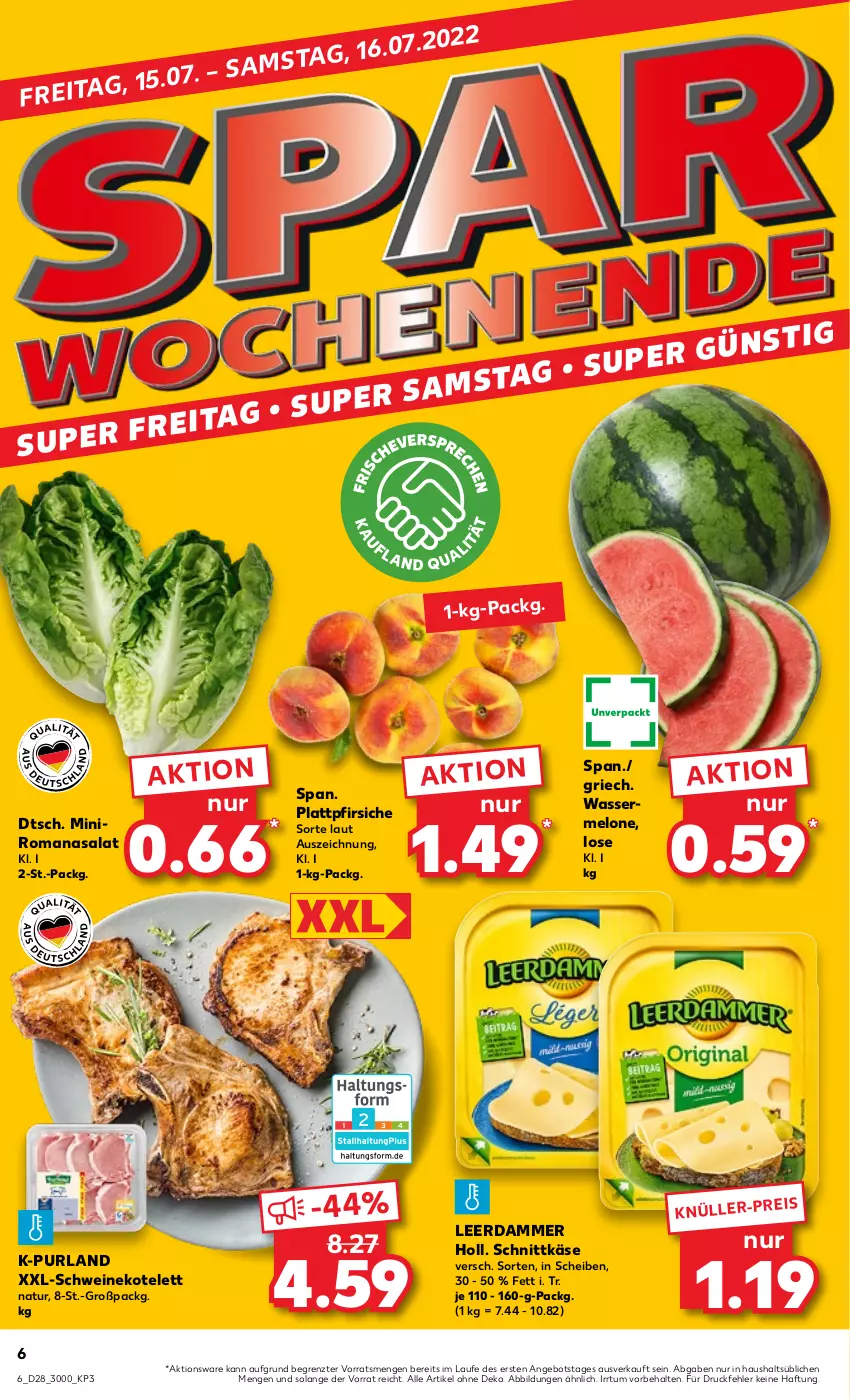 Aktueller Prospekt Kaufland - von 14.07 bis 20.07.2022 - strona 6 - produkty: angebot, eis, Käse, kotelett, leerdammer, melone, natur, pfirsich, pfirsiche, plattpfirsiche, purland, Romanasalat, salat, schnittkäse, schwein, schweine, schweinekotelett, Ti, wasser, wassermelone, wein, weine, ZTE