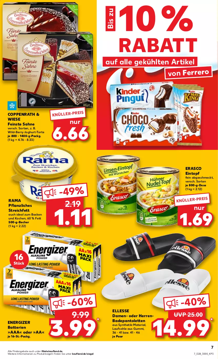 Aktueller Prospekt Kaufland - von 14.07 bis 20.07.2022 - strona 7 - produkty: angebot, angebote, Bad, batterie, batterien, Becher, coppenrath, eintopf, eis, elle, energizer, erasco, ferrero, joghur, joghurt, pantolette, pantoletten, rama, Ria, sahne, Ti, topf, torte, Wild