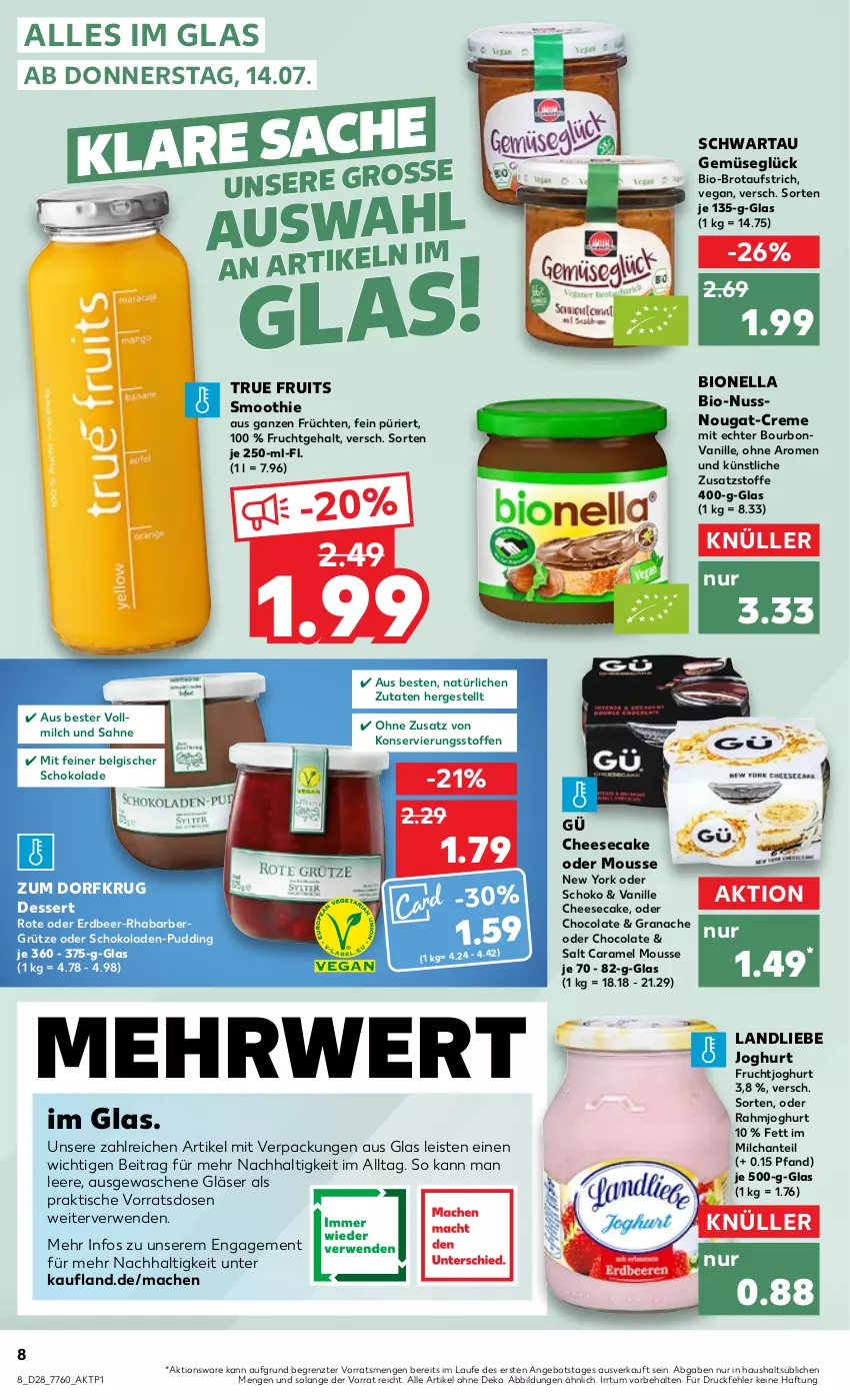 Aktueller Prospekt Kaufland - von 14.07 bis 20.07.2022 - strona 8 - produkty: angebot, aufstrich, bio, bourbon, bourbonvanille, brot, brotaufstrich, caramel, cheesecake, cola, creme, dessert, eis, frucht, früchte, früchten, fruchtjoghurt, Gläser, grana, grütze, joghur, joghurt, landliebe, landliebe joghurt, LG, mac, milch, mousse, nuss, pudding, rahmjoghurt, Rana, rhabarber, rwe, sahne, schoko, schokolade, schokoladen, Schwartau, smoothie, Ti, tisch, true fruits, vanille, vollmilch, Yo, ZTE, Zum Dorfkrug