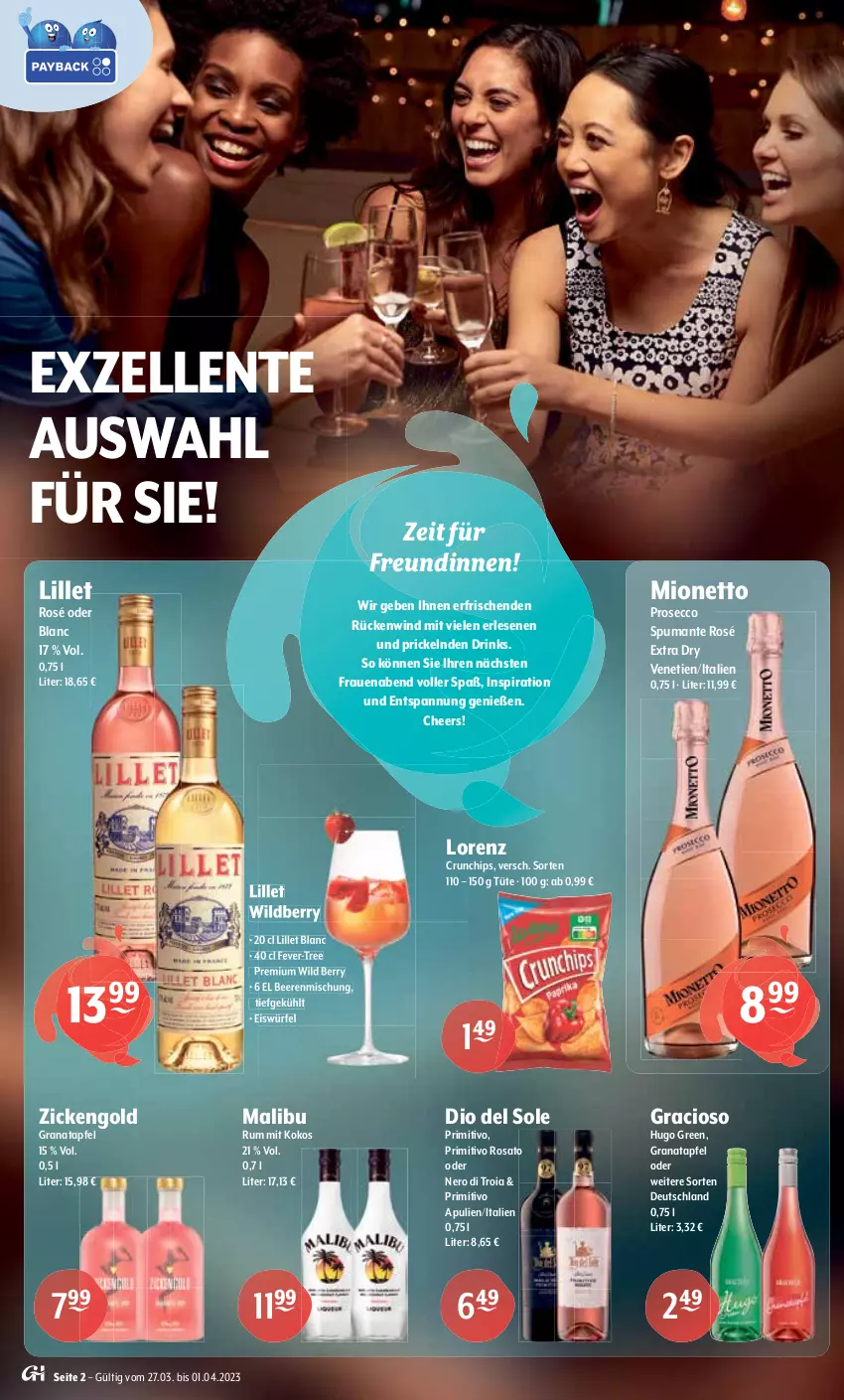 Aktueller Prospekt Getraenke Hoffmann - Prospekte - von 27.03 bis 01.04.2023 - strona 2 - produkty: Afri Cola, alkohol, amecke, apfel, Apfelschorle, beere, beeren, bier, bio, bio limo, bismarck, chips, coca-cola, cola, crunchips, desperados, drink, drinks, ecco, eis, eiswürfel, elle, energizer, ente, erdinger, fever-tree, getränk, gösser, gracioso, grana, granatapfel, granini, grapefruit, heineken, hella, hugo, kokos, lillet, limo, limonade, lion, lorenz, Malibu, mionetto, natur, natur radler, nero, primitivo, prosecco, Proviant, puma, radler, Rana, rel, rosato, rum, schorle, spumante, Steinsieker, tequila, Ti, Tüte, Wild, wild berry, würfel, zitrone, zucker