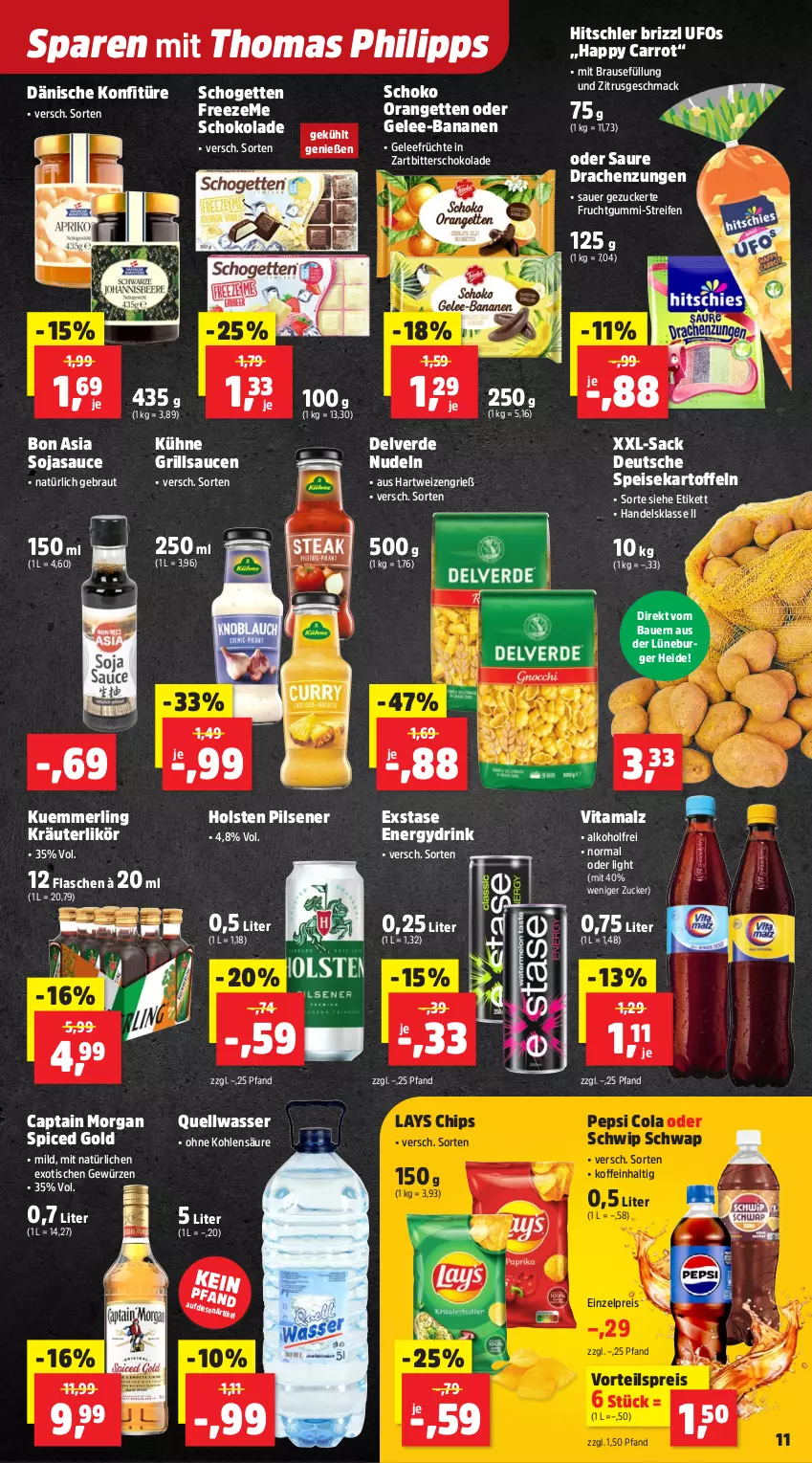 Aktueller Prospekt Thomas Philipps - von 20.04 bis 25.04.2026 - strona 21 - produkty: alkohol, auer, banane, bananen, Bau, Bauer, brause, burger, Cap, captain morgan, chips, cola, drink, eis, erde, flasche, frucht, früchte, fruchtgummi, gelee, grill, grillsauce, hartweizen, hitschler, holsten, holsten pilsener, kartoffel, kartoffeln, konfitüre, kräuter, kräuterlikör, kuemmerling, Kühne, lays, likör, mac, malz, merl, nudel, nudeln, orange, pepsi, Pepsi Cola, pils, pilsener, reifen, reis, sac, sauce, saucen, schogetten, schoko, schokolade, Schwip Schwap, soja, sojasauce, speisekartoffeln, Ti, tisch, vita, vitamalz, vorteilspreis, wasser, Zartbitterschokolade, zucker