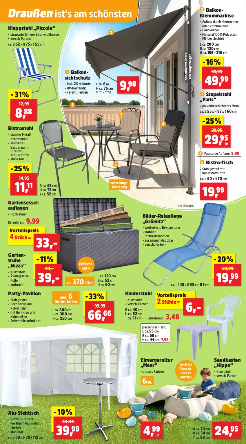 Aktueller Prospekt Thomas Philipps - von 20.04 bis 25.04.2026 - strona 9 - produkty: Bau, eimer, eis, ente, garnitur, Garten, Gartentruhe, hering, hipp, Kinder, klappstuhl, Klemmmarkise, latte, LG, Liege, ndk, pavillon, planschbecken, reis, rel, Ria, ring, Sandkasten, schrauben, sessel, stapelstuhl, stuhl, Stühl, Teleskop, Ti, tisch, vorteilspreis