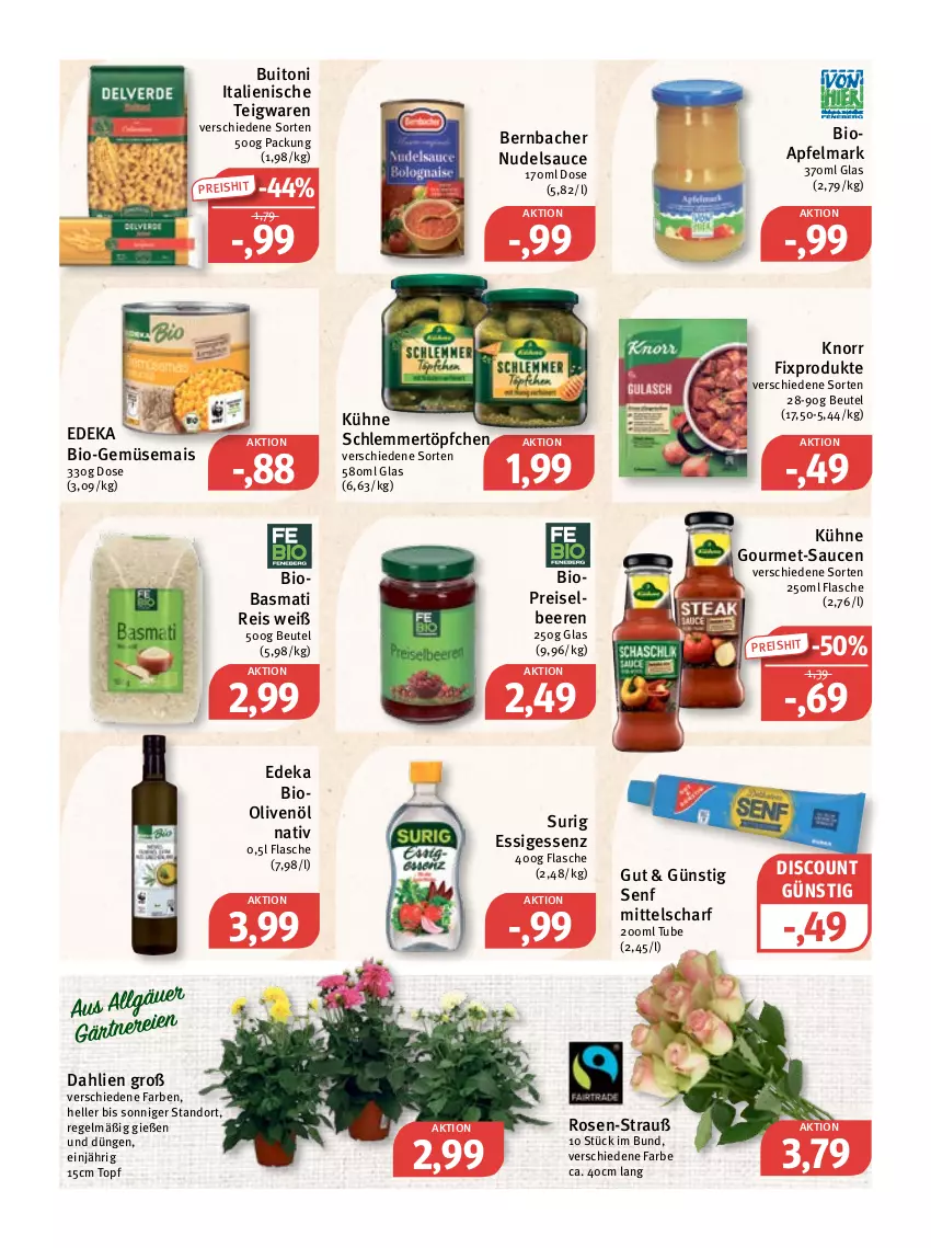 Aktueller Prospekt Feneberg - Prospekte - von 14.07 bis 16.07.2022 - strona 8 - produkty: apfel, basmati, Basmati Reis, beere, beeren, bernbacher, beutel, bio, Bio-Gemüse, buitoni, dahlie, deka, discount, edeka bio, eis, elle, essig, flasche, gemüsemais, gourmet-sauce, knorr, knorr fix, Kühne, LG, mais, nudel, olive, oliven, olivenöl, reis, rosen, sauce, saucen, schlemmertöpfchen, senf, teigwaren, Ti, topf, Töpfchen