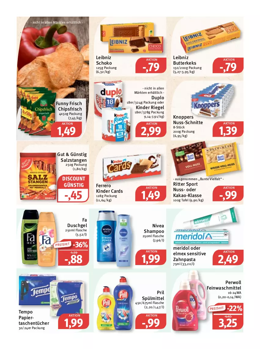 Aktueller Prospekt Feneberg - Prospekte - von 14.07 bis 16.07.2022 - strona 9 - produkty: butter, butterkeks, chips, chipsfrisch, discount, duplo, duschgel, eis, elmex, fa duschgel, feinwaschmittel, ferrero, flasche, Funny Frisch, kakao, keks, Kinder, kinder riegel, knoppers, leibniz, meridol, nivea, nuss, papier, pasta, perwoll, pril, reis, riegel, ritter, ritter sport, salz, Salzstange, Salzstangen, schoko, shampoo, Sport, spülmittel, Tasche, taschen, taschentücher, Tempo, Ti, tücher, waschmittel, zahnpasta