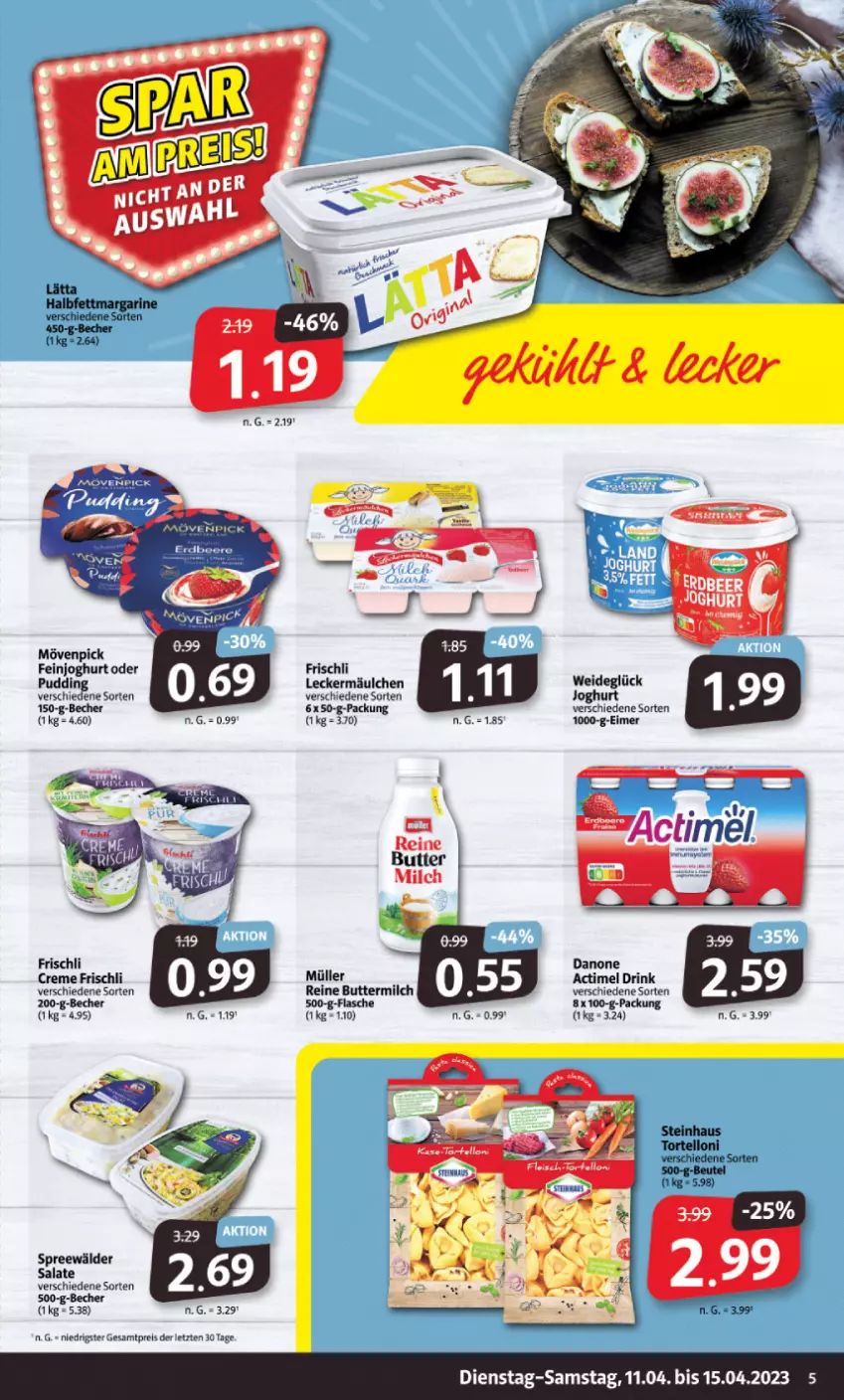 Aktueller Prospekt Markant - Prospekte - von 11.04 bis 15.04.2023 - strona 5 - produkty: actimel, actimel drink, Becher, butter, buttermilch, creme, danone, drink, eimer, eis, feinjoghurt, flasche, frischli, joghur, joghurt, leckermäulchen, Maus, milch, mövenpick, Müller, reine buttermilch, reis, salat, salate, spreewälder, Ti, ZTE