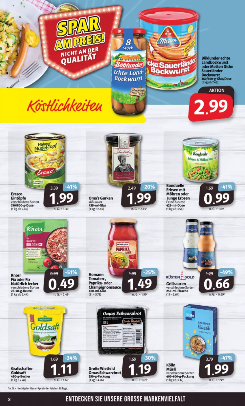 Aktueller Prospekt Markant - Prospekte - von 11.04 bis 15.04.2023 - strona 8 - produkty: auer, Becher, beutel, bockwurst, bonduelle, brot, decke, eintöpfe, eis, elle, erasco, erbsen, goldsaft, grafschafter, grill, grillsauce, gurke, gurken, homann, junge erbsen, knorr, kölln, möhren, müsli, paprika, reis, saft, sauce, saucen, Schwarzbrot, Ti, tomate, tomaten, topf, wurst, ZTE