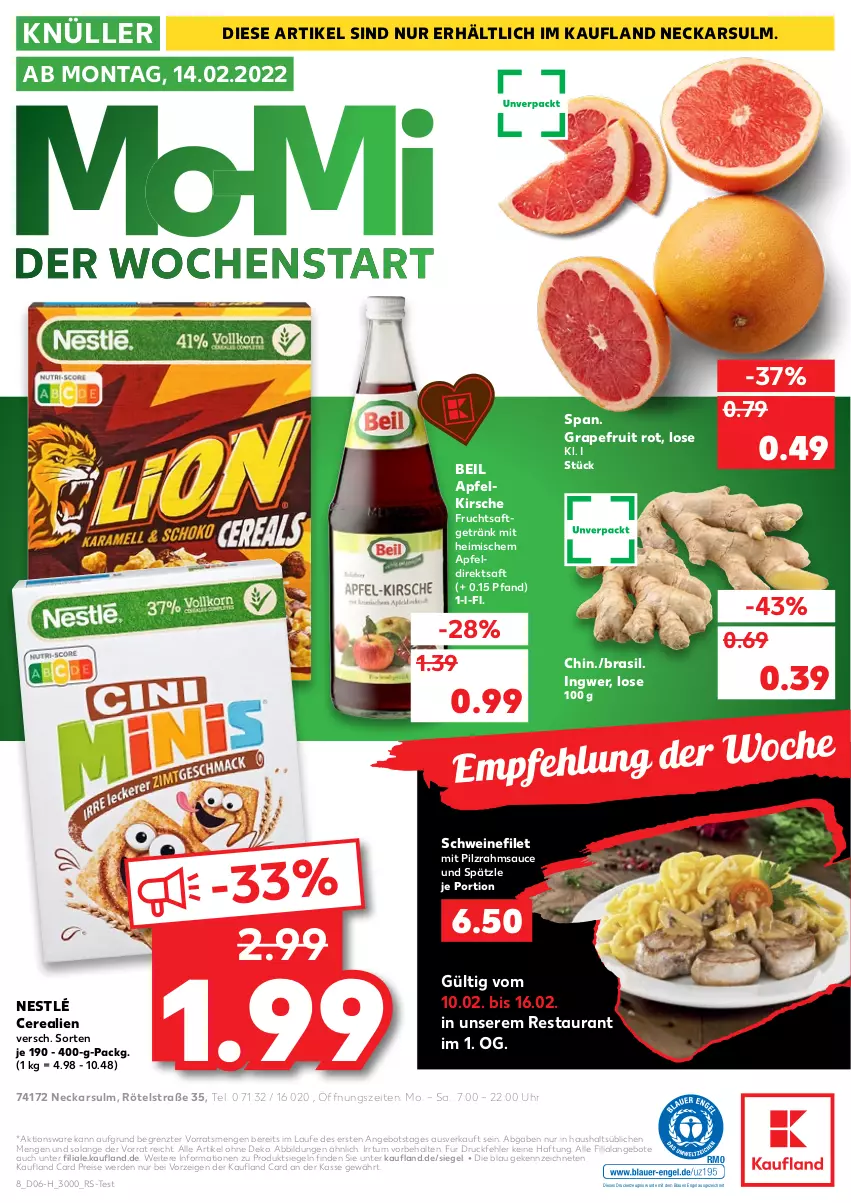 Aktueller Prospekt Kaufland - Spezielle Angebote - von 10.02 bis 16.02.2022 - strona 8 - produkty: angebot, angebote, apfel, Apfeldirektsaft, cerealien, direktsaft, drucker, eis, Engel, erde, filet, frucht, fruchtsaft, fruchtsaftgetränk, getränk, grapefruit, ingwer, kerze, kirsch, kirsche, nestlé, reis, saft, sauce, schwein, schweine, schweinefilet, Ti, uhr, wein, weine, ZTE