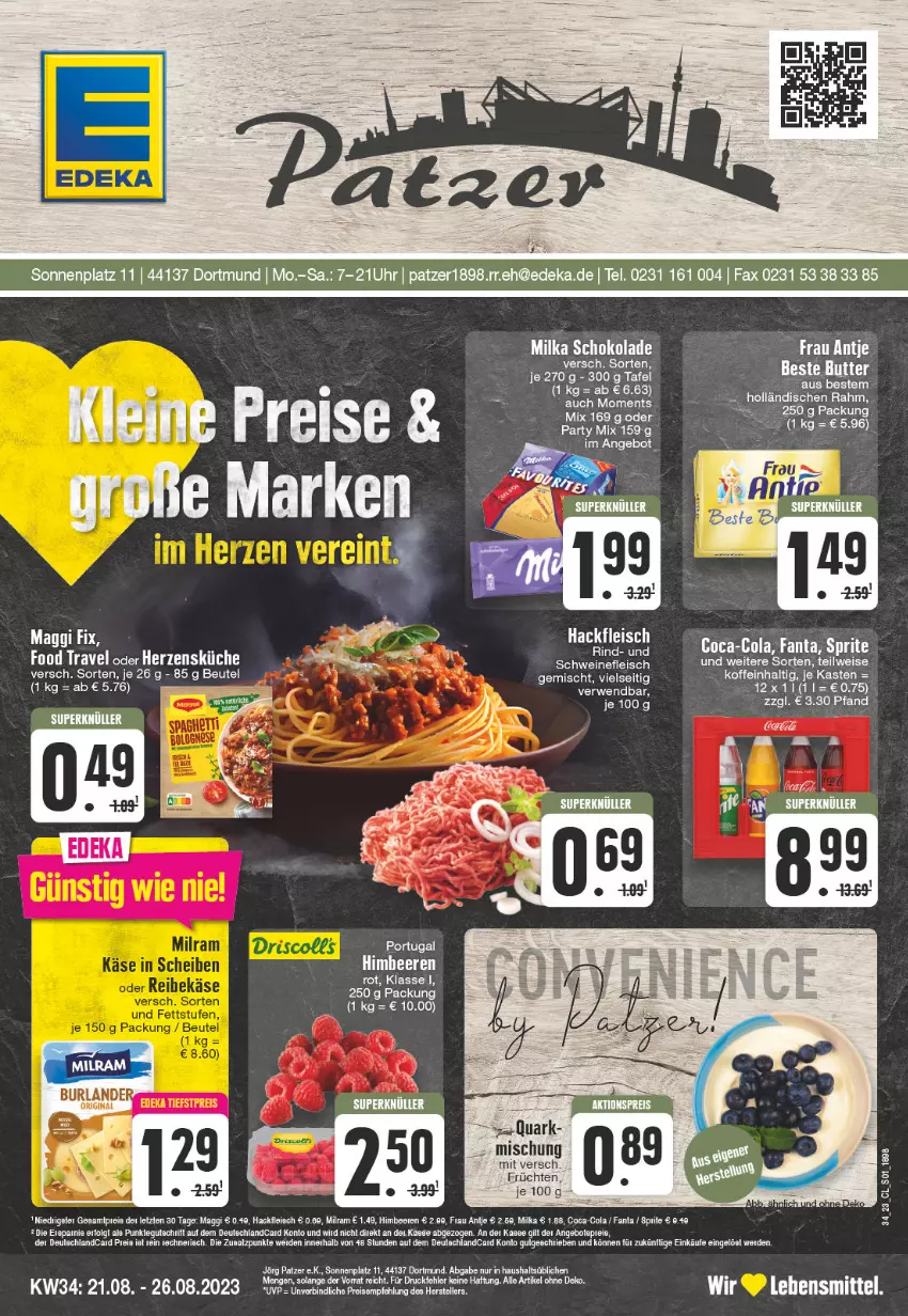 Aktueller Prospekt Edeka - Angebote der Woche - von 21.08 bis 26.08.2023 - strona 1 - produkty: angebot, angebote, beere, beeren, beste butter, butter, coca-cola, cola, deka, eis, elle, ente, erde, fanta, früchte, früchten, himbeer, himbeere, himbeeren, lebensmittel, maggi, maggi fix, milka, milka schokolade, quark, reis, rwe, schoko, schokolade, sprite, tee, Ti, uhr