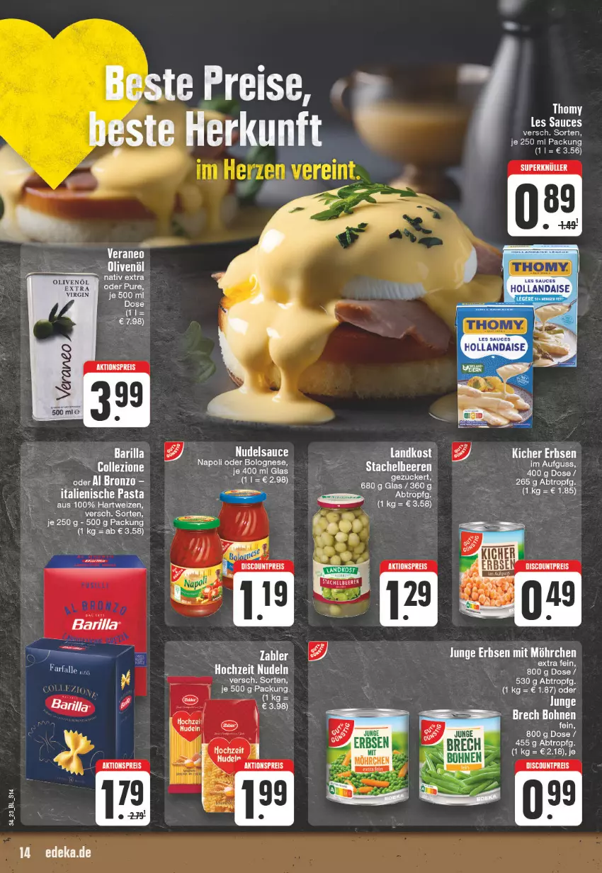 Aktueller Prospekt Edeka - Angebote der Woche - von 21.08 bis 26.08.2023 - strona 14 - produkty: aktionspreis, arla, barilla, beere, beeren, bohne, bohnen, bolognese, discount, eis, erbsen, gin, hartweizen, italienische pasta, ndk, olive, oliven, olivenöl, olivenöl extra, pasta, reis, Stachelbeeren, Ti, zucker