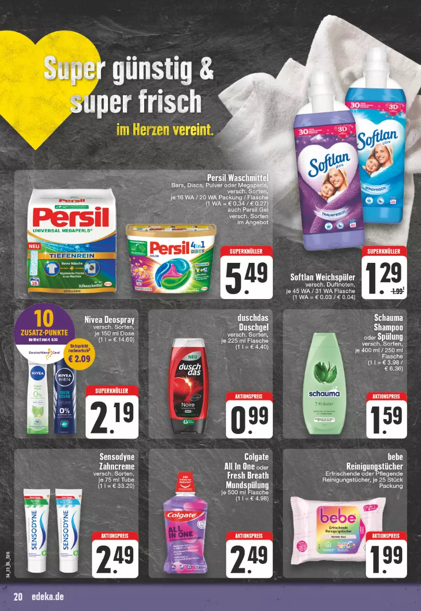 Aktueller Prospekt Edeka - Angebote der Woche - von 21.08 bis 26.08.2023 - strona 20 - produkty: aktionspreis, angebot, colgate, creme, deo, deospray, eis, flasche, kräuter, LG, mundspülung, nivea, persil, Reinigung, reinigungstücher, reis, schauma, schauma shampoo, sensodyne, shampoo, Softlan, spülung, Ti, tücher, weichspüler, zahncreme