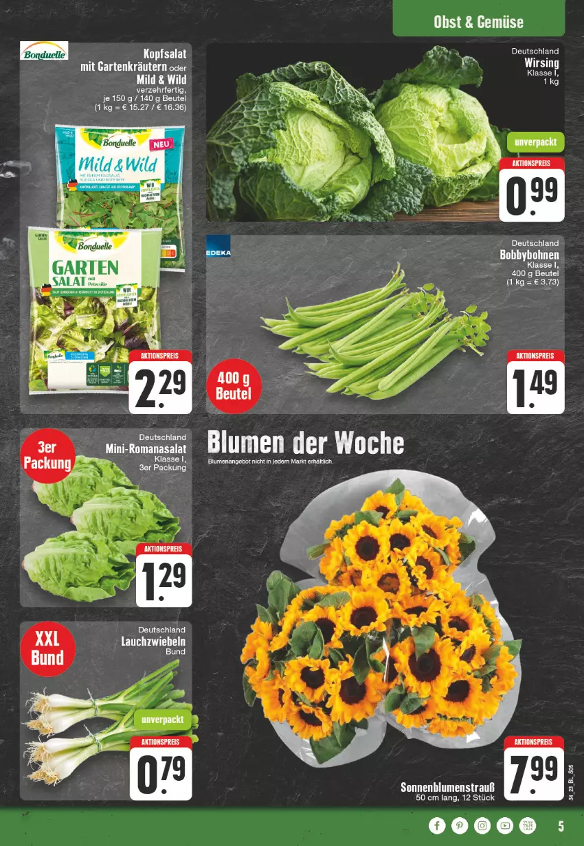 Aktueller Prospekt Edeka - Angebote der Woche - von 21.08 bis 26.08.2023 - strona 5 - produkty: aktionspreis, angebot, beutel, blume, blumen, Blumenstrauß, bonduelle, eis, elle, kopfsalat, obst, reis, salat, sonnenblume, sonnenblumen, Ti