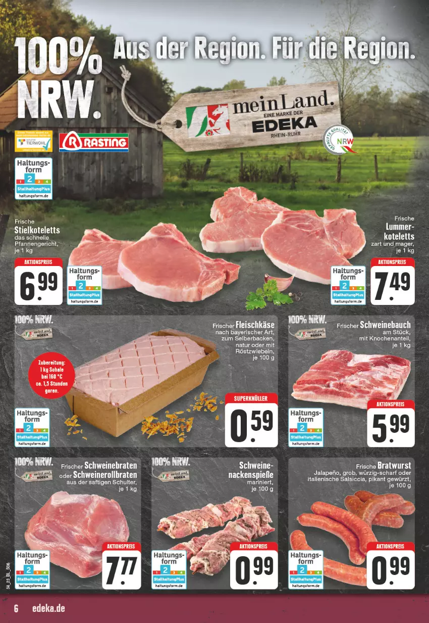 Aktueller Prospekt Edeka - Angebote der Woche - von 21.08 bis 26.08.2023 - strona 6 - produkty: aktionspreis, Bau, braten, eis, elle, fleisch, fleischkäse, gewürz, Käse, kotelett, mit röstzwiebeln, natur, nero, pfanne, pfannen, reis, rollbraten, röstzwiebeln, saft, salsiccia, Schal, Schale, schwein, schweine, schweinebraten, Schweinerollbraten, Ti, wein, weine, zwiebel, zwiebeln