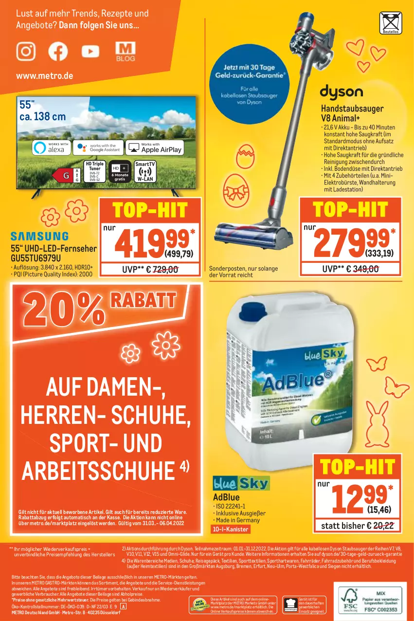 Aktueller Prospekt Metro - NonFood - von 31.03 bis 06.04.2022 - strona 20 - produkty: abholpreise, adblue, akku, angebot, angebote, auer, auto, bürste, Dyson, eis, Elektro, elle, erde, Fahrrad, fernseher, Germ, handstaubsauger, heimtextilien, ilag, kleid, Kleidung, kraft, LG, Metro, metro gastro, Rauch, Reinigung, reis, rezept, rezepte, rwe, schuhe, sonderposten, Sport, staubsauger, teller, Ti, tisch, top-hit, uhd, wandhalterung