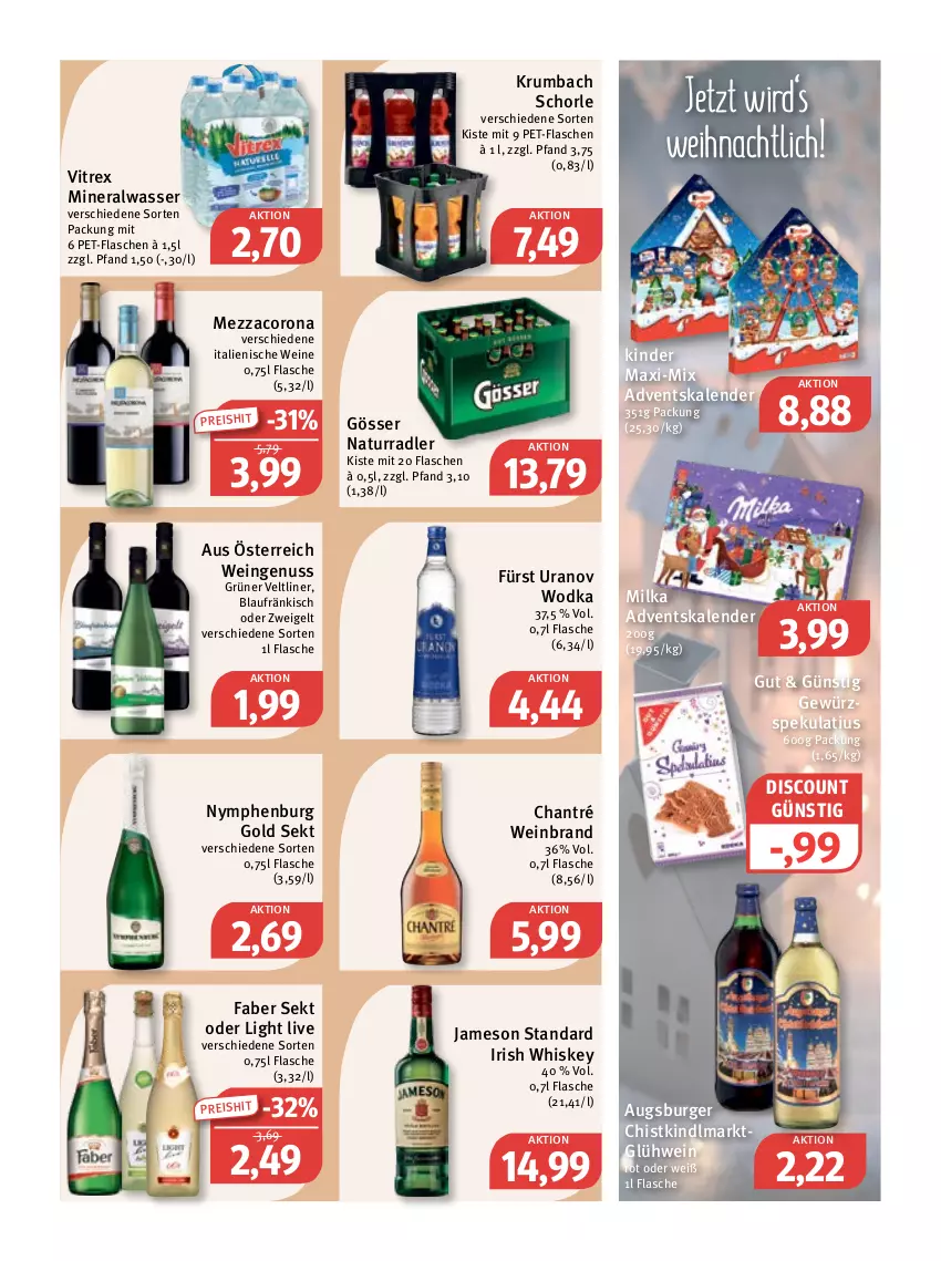 Aktueller Prospekt Feneberg - Prospekte - von 20.10 bis 22.10.2022 - strona 12 - produkty: Adventskalender, Alwa, burger, chantré, corona, discount, eis, flasche, gewürz, Glühwein, gösser, grüner veltliner, irish whiskey, jameson, Kinder, Kinder Maxi, krumbach, mezzacorona, milka, mineralwasser, natur, nuss, pet-flasche, pet-flaschen, radler, reis, rum, schorle, sekt, Ti, vitrex, wasser, wein, weinbrand, weine, whiskey, wodka, Zweigelt