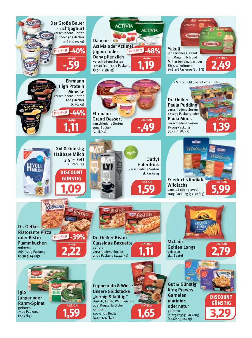 Aktueller Prospekt Feneberg - Prospekte - von 20.10 bis 22.10.2022 - strona 6 - produkty: actimel, activia, auer, baguette, Bau, Bauer, Becher, beutel, brötchen, classique baguette, coppenrath, danone, danone activia, Dany, dessert, discount, Dr. Oetker, drink, ehrmann, Ehrmann Grand Dessert, eis, flammkuchen, frucht, fruchtjoghurt, garnelen, Germ, getränk, Golden Longs, Goldstücke, hafer, Haferdrink, haltbare milch, iglo, joghur, joghurt, kuchen, lachs, lamm, mccain, Meister, milch, mousse, natur, Paula, paula pudding, pizza, prawns, pudding, rahm-spinat, reis, ristorante, ristorante pizza, roggenbrötchen, spinat, Ti, Wild, wildlachs