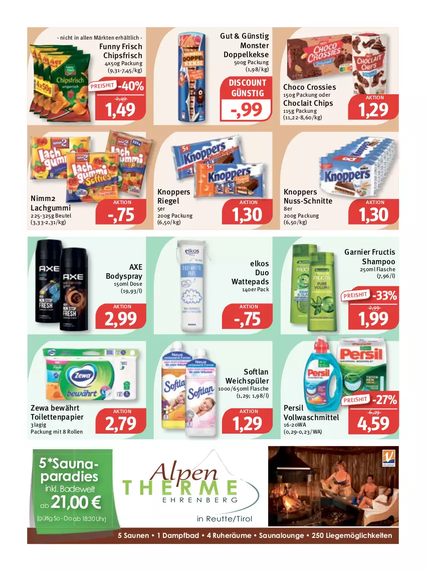 Aktueller Prospekt Feneberg - Prospekte - von 20.10 bis 22.10.2022 - strona 9 - produkty: axe, Bad, beutel, body, bodyspray, chips, chipsfrisch, choclait chips, choco crossies, crossies, discount, Doppelkekse, eis, elkos, flasche, fructis, Funny Frisch, garnier, keks, kekse, knoppers, lachgummi, Liege, monster, nimm2, nuss, papier, persil, reis, riegel, shampoo, Softlan, Ti, toilettenpapier, uhr, vollwaschmittel, waschmittel, wattepads, weichspüler, zewa