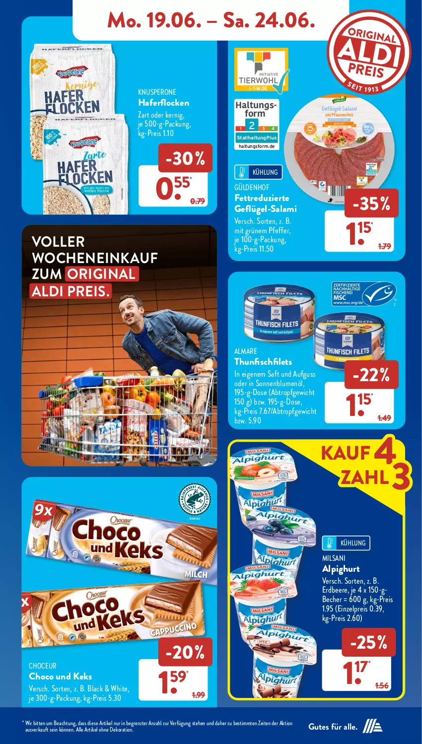 Aktueller Prospekt AldiSud - NÄCHSTE WOCHE - von 19.06 bis 24.06.2023 - strona 10 - produkty: aldi, alle artikel ohne dekoration, almare, Becher, beere, blume, blumen, blumenöl, dekoration, eis, erdbeere, filet, filets, fisch, Geflügel, gin, hafer, haferflocken, keks, lack, pfeffer, reis, saft, salami, sonnenblume, sonnenblumen, sonnenblumenöl, thunfisch, Ti, ZTE