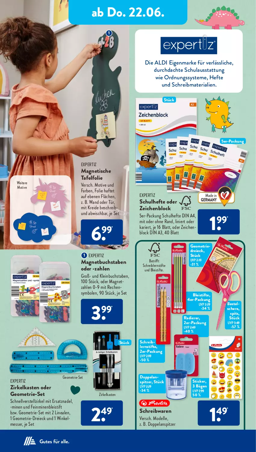 Aktueller Prospekt AldiSud - NÄCHSTE WOCHE - von 19.06 bis 24.06.2023 - strona 24 - produkty: aldi, Bleistift, bleistifte, buch, dell, din a4, eis, Elan, elle, expertiz, Hefte, Kreide, Magnetbuch, messer, Mode, Ria, Schere, schreibwaren, stifte, Ti, tisch, zeichenblock