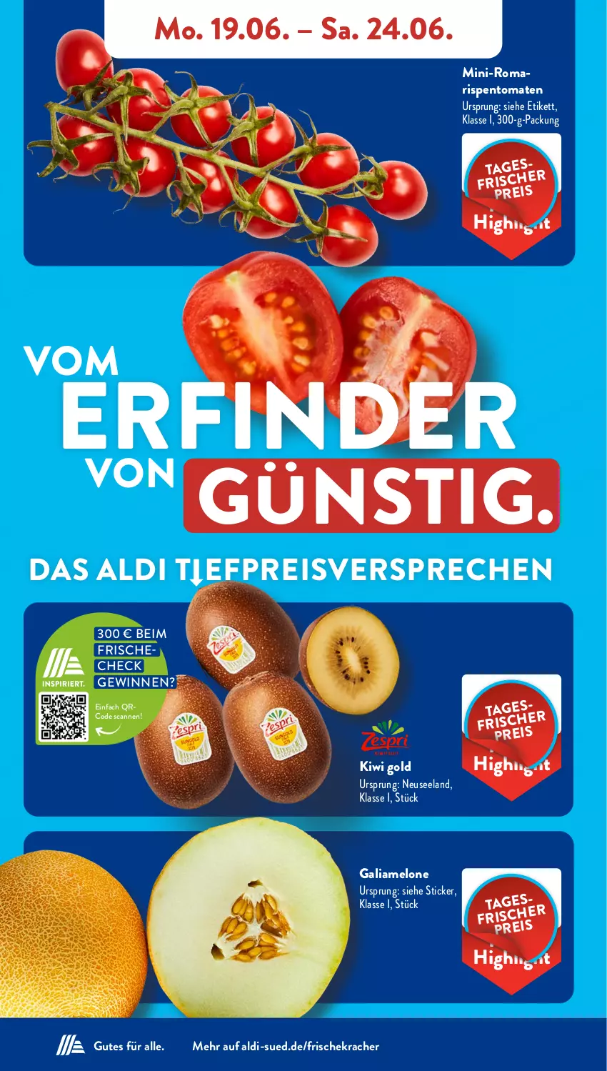 Aktueller Prospekt AldiSud - NÄCHSTE WOCHE - von 19.06 bis 24.06.2023 - strona 3 - produkty: aldi, eis, Elan, galiamelone, kiwi, Kiwi Gold, kracher, melone, reis, rispentomaten, Ti, tomate, tomaten