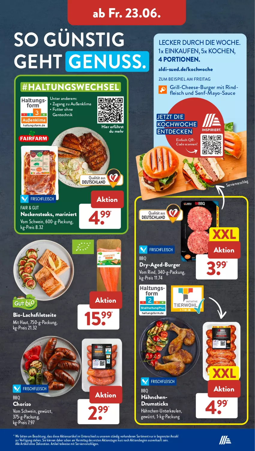 Aktueller Prospekt AldiSud - NÄCHSTE WOCHE - von 19.06 bis 24.06.2023 - strona 34 - produkty: aldi, alle artikel ohne dekoration, bio, burger, chorizo, decke, dekoration, eis, ente, filet, filets, fleisch, gewürz, gin, grill, gsw, Hähnchen-Unterkeulen, lachs, lachsfilet, lachsfilets, Nackensteak, nackensteaks, nuss, reis, rind, rindfleisch, rum, sauce, schwein, senf, steak, steaks, Ti, wein, Yo, ZTE