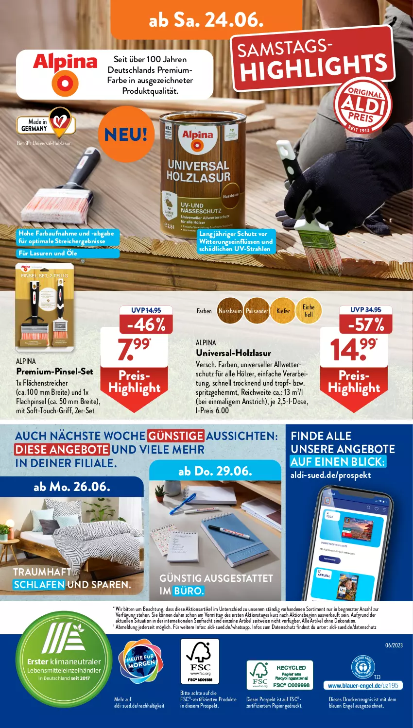 Aktueller Prospekt AldiSud - NÄCHSTE WOCHE - von 19.06 bis 24.06.2023 - strona 39 - produkty: aldi, alle artikel ohne dekoration, alpina, angebot, angebote, Bau, Brei, dekoration, drucker, eis, elle, Engel, gin, Holz, holzlasur, HP, kerze, lebensmittel, nuss, papier, Pinsel, reis, Ti, ZTE