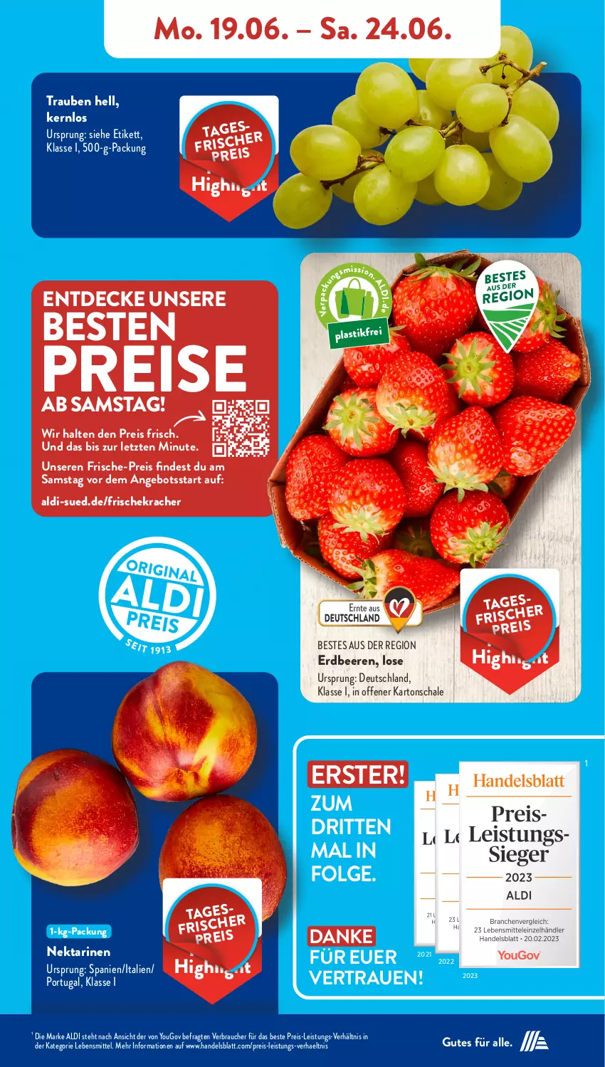 Aktueller Prospekt AldiSud - NÄCHSTE WOCHE - von 19.06 bis 24.06.2023 - strona 4 - produkty: aldi, angebot, asti, beere, beeren, decke, eis, erdbeere, erdbeeren, kracher, lebensmittel, LG, Nektar, nektarinen, Rauch, reis, Schal, Schale, Ti, trauben, Yo, ZTE