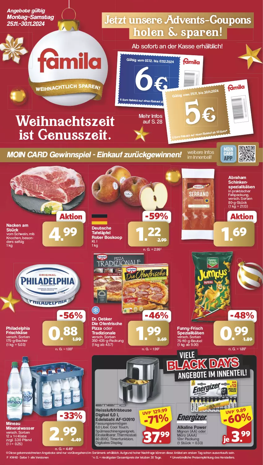 Aktueller Prospekt Famila - Prospekte - von 25.11 bis 30.11.2024 - strona 1 - produkty: Alwa, angebot, angebote, Becher, beutel, coupon, coupons, die ofenfrische, Dr. Oetker, edelstahl, eis, elle, ente, frischkäse, fritteuse, gewinnspiel, Käse, lack, mineralwasser, nuss, Ofen, philadelphia, pizza, reis, saft, schinken, schwein, Spezi, spülmaschinen, tafeläpfel, teller, thermostat, Ti, timer, tisch, tradizionale, wasser, wein, ZTE