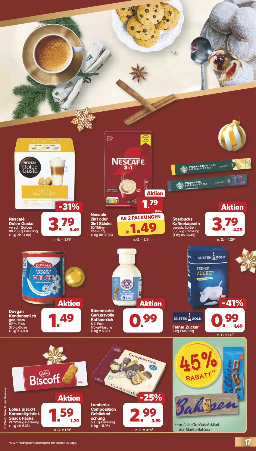 Aktueller Prospekt Famila - Prospekte - von 25.11 bis 30.11.2024 - strona 17 - produkty: Amber, bahlsen, bärenmarke, biscoff, dolce gusto, dovgan, eis, flasche, gebäckmischung, kaffee, kaffeekapseln, Kaffeemilch, karamell, kondensmilch, lambertz, LG, milch, Nescafé, nuss, reis, snack, starbucks, Ti, ZTE, zucker