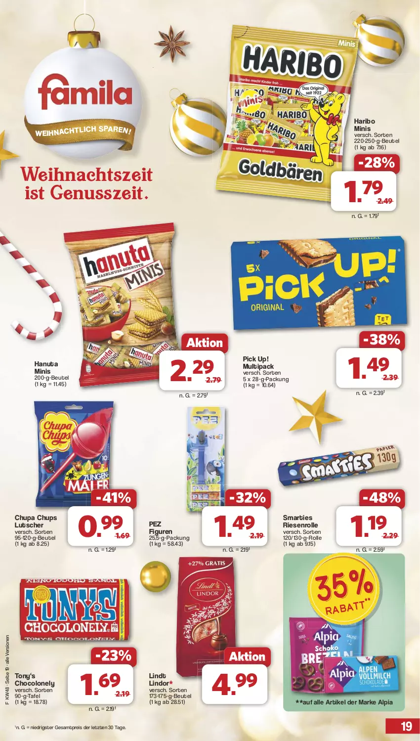 Aktueller Prospekt Famila - Prospekte - von 25.11 bis 30.11.2024 - strona 19 - produkty: alpia, beutel, chupa, chupa chups, eis, hanuta, haribo, lindor, lindt, Lutscher, nuss, Pick Up!, reis, smarties, Ti, ZTE