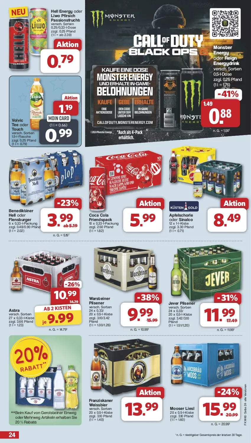 Aktueller Prospekt Famila - Prospekte - von 25.11 bis 30.11.2024 - strona 25 - produkty: apfel, Apfelschorle, Astra, Benediktiner, bier, burger, cola, drink, eis, flasche, flensburger, franziskaner, frucht, gerolsteine, gerolsteiner, jever, jever pilsener, monster, Monster Energy, passionsfrucht, pfirsich, pils, pilsener, reis, rwe, schorle, sinalco, steiner, tee, Ti, volvic, warsteiner, weissbier, ZTE