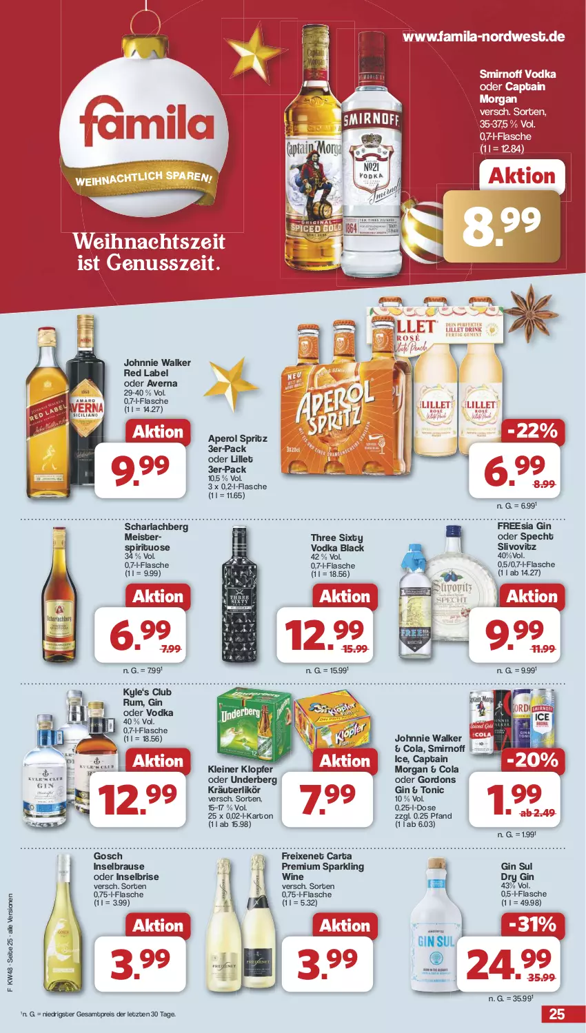 Aktueller Prospekt Famila - Prospekte - von 25.11 bis 30.11.2024 - strona 26 - produkty: aperol, arla, averna, brause, Cap, captain morgan, cola, dry gin, eis, flasche, freixenet, gin, gordon, gordons, johnnie walker, kleiner klopfer, kräuter, kräuterlikör, lack, leine, likör, lillet, Meister, nuss, reis, rum, smirnoff, specht, Three Sixty, Ti, tonic, underberg, vodka, ZTE