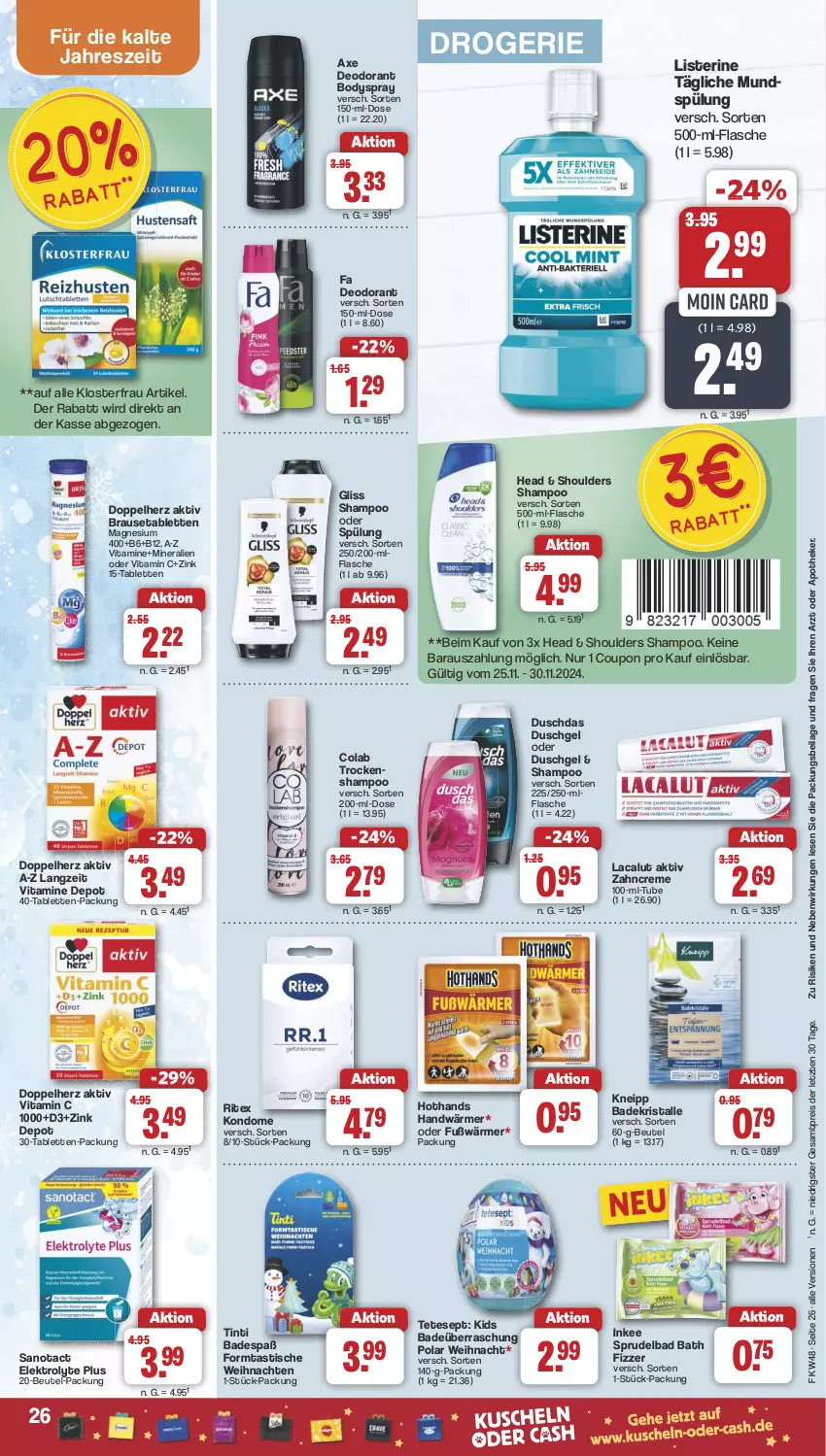 Aktueller Prospekt Famila - Prospekte - von 25.11 bis 30.11.2024 - strona 27 - produkty: Apotheke, asti, axe, Bad, Badekristalle, beutel, body, bodyspray, brause, Brausetabletten, cola, coupon, creme, deo, deodorant, doppelherz, duschdas, duschgel, eis, Elektro, flasche, gliss, ilag, kneipp, Kondome, Lacalut, listerine, magnesium, magnesium 400, mundspülung, reis, Ritex, shampoo, shampoo oder spülung, Sprudel, Sprudelbad, spülung, tablet, tablett, Tablette, Ti, tisch, Trockenshampoo, vita, Vitamin C, Vitamine, weihnachten, zahncreme, ZTE