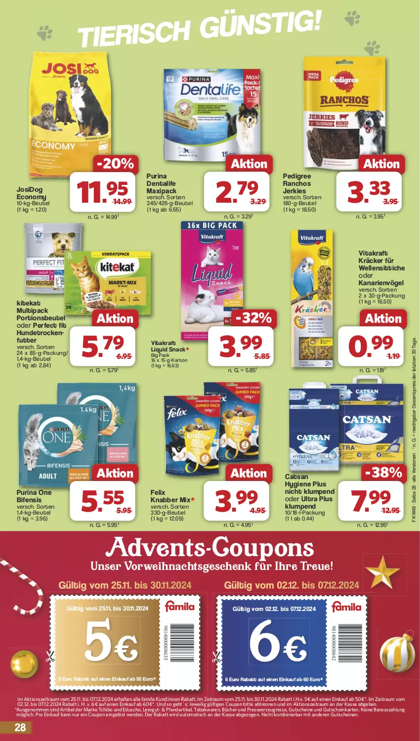 Aktueller Prospekt Famila - Prospekte - von 25.11 bis 30.11.2024 - strona 29 - produkty: auto, beutel, catsan, coupon, coupons, eduscho, eis, elle, erde, felix, gutschein, gutscheine, kitekat, kraft, pedigree, Perfect Fit, portionsbeutel, purina, reis, rwe, snack, Tchibo, Ti, tisch, trockenfutter, vita, vitakraft, ZTE