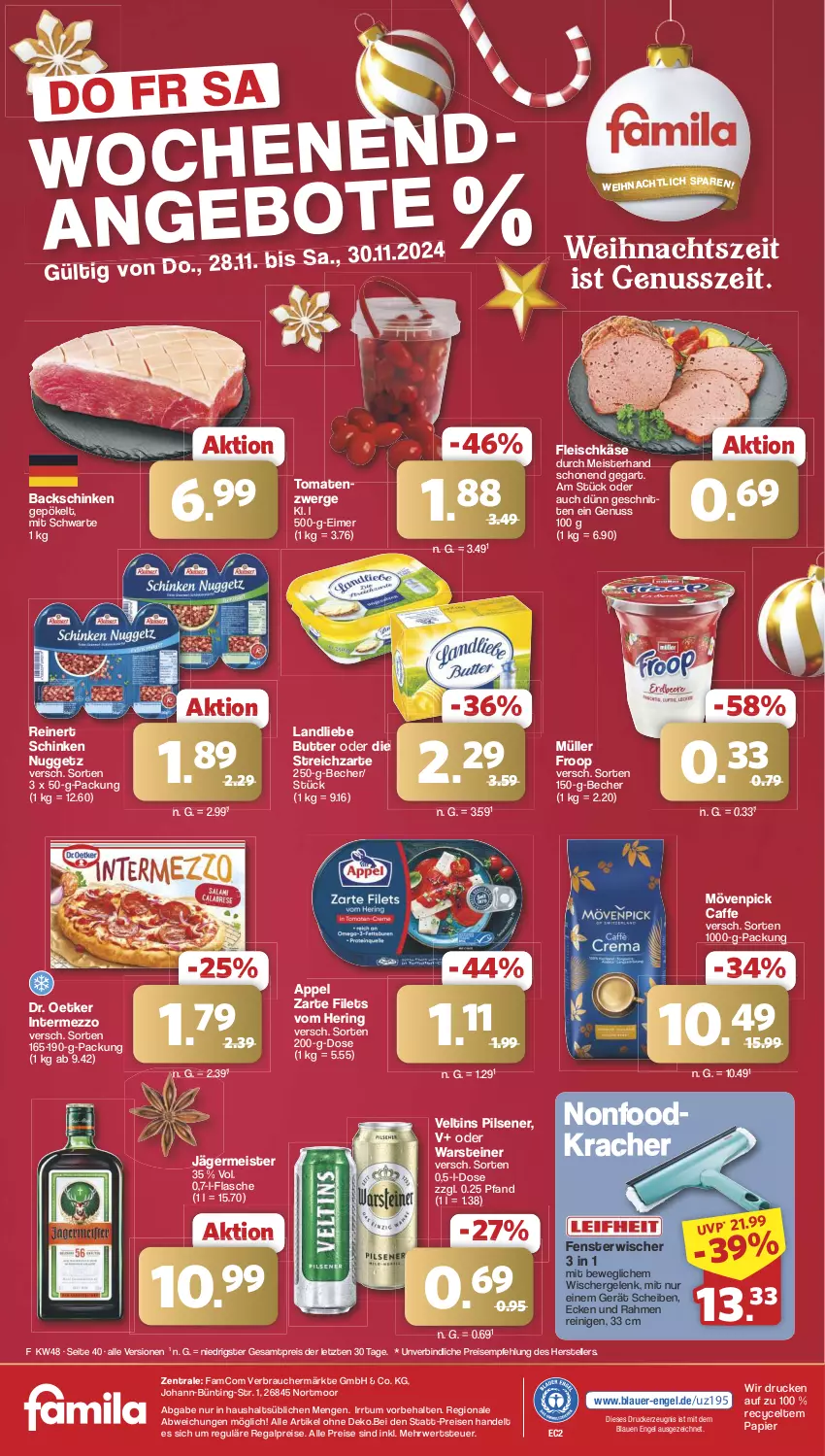 Aktueller Prospekt Famila - Prospekte - von 25.11 bis 30.11.2024 - strona 41 - produkty: auer, Becher, butter, caffe, Dr. Oetker, drucker, eimer, eis, elle, Engel, fenster, filet, filets, flasche, fleisch, fleischkäse, froop, Germ, hering, intermezzo, jägermeister, Käse, kerze, kracher, landliebe, Meister, mövenpick, Müller, müller froop, nuss, papier, pils, pilsener, Rauch, regal, reinert, reis, ring, rwe, schinken, schnitten, steiner, Streichzart, teller, Ti, tomate, tomaten, veltins, veltins pilsener, warsteiner, ZTE