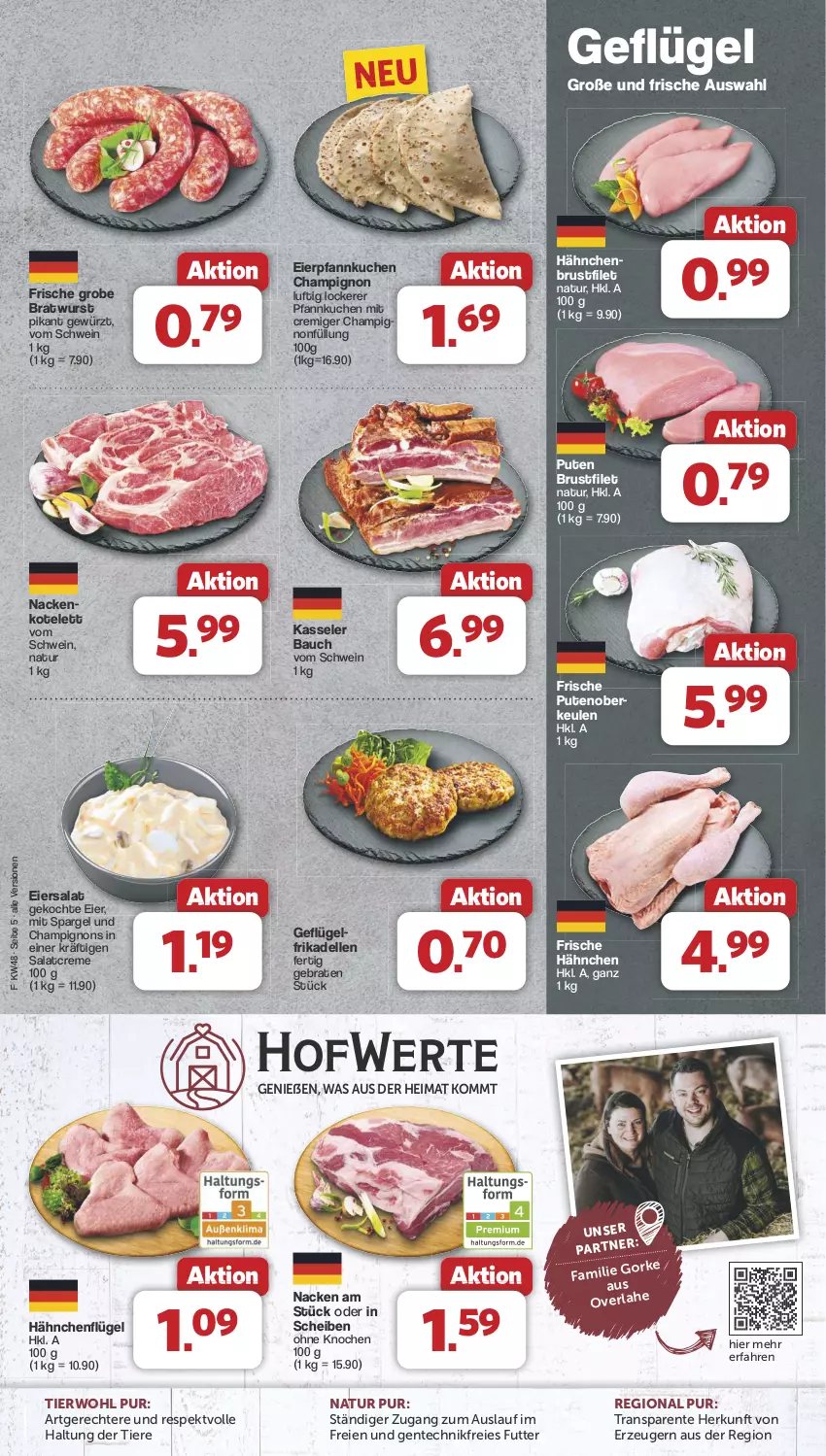 Aktueller Prospekt Famila - Prospekte - von 25.11 bis 30.11.2024 - strona 5 - produkty: Bau, braten, bratwurst, brustfilet, champignon, champignons, creme, dell, eier, eiersalat, elle, ente, filet, frikadellen, Frische Hähnchen, Geflügel, gewürz, grobe bratwurst, hähnchenbrust, hähnchenbrustfilet, hähnchenflügel, kasseler, kotelett, kuchen, natur, Pfannkuchen, pute, Putenoberkeule, salat, salatcreme, schwein, spargel, Ti, Tiere, wein, wurst