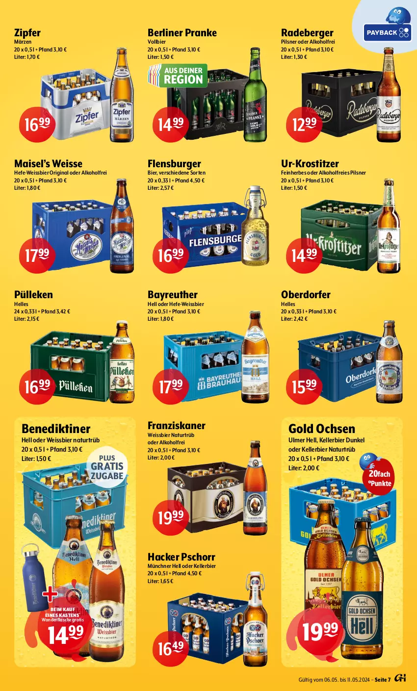 Aktueller Prospekt Getraenke Hoffmann - Prospekte - von 06.05 bis 11.05.2024 - strona 7 - produkty: alkohol, Benediktiner, Berger, berliner, bier, burger, eis, elle, flasche, flensburger, franziskaner, gin, hacker pschorr, Hefe, kellerbier, mais, natur, pils, pilsner, radeberger, radeberger pilsner, Ti, weissbier, Zipfer