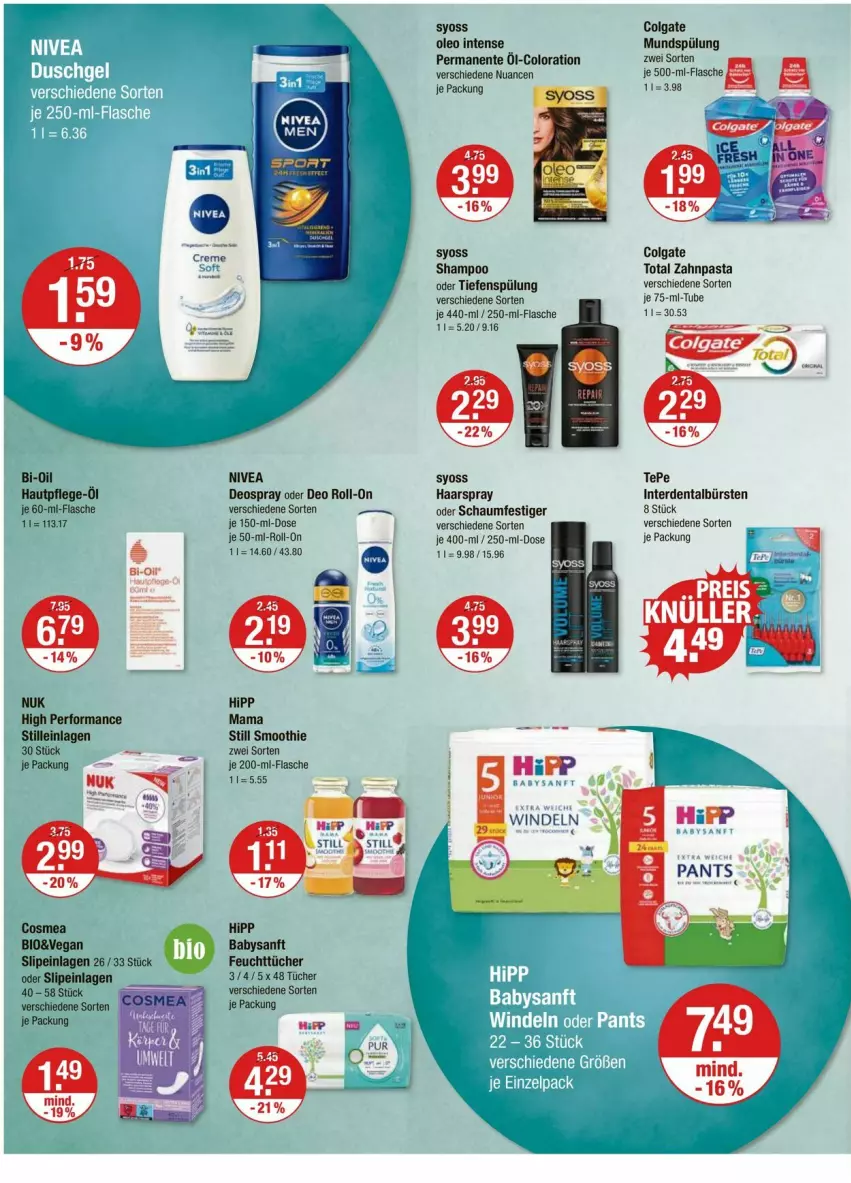 Aktueller Prospekt Vmarkt - Prospekte - von 25.01 bis 31.01.2024 - strona 10 - produkty: Bi-Oil, bio, bürste, bürsten, colgate, cosmea, deo, deo roll-on, deospray, ente, erde, feuchttücher, flasche, haarspray, Hautpflege, hipp, je 500-ml-flasche, LG, mam, mundspülung, nivea, Nuance, nuk, oder deo roll-on, oder schaumfestiger, pasta, roll-on, schaumfestiger, shampoo, slip, slipeinlagen, smoothie, spülung, syoss, Ti, tücher, Yo, zahnpasta