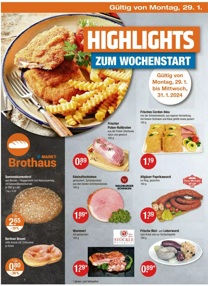 Aktueller Prospekt Vmarkt - Prospekte - von 25.01 bis 31.01.2024 - strona 18 - produkty: auer, blume, blumen, braten, brezel, brot, Edelsaftschinken, gewürz, Käse, Kraut, latte, leberwurst, LG, mehl, merl, natur, paprika, pute, ring, rollbraten, saft, saftschinken, schinken, schwein, schweine, sonnenblume, sonnenblumen, Sonnenblumenbrot, Sonnenblumenkerne, sonnenblumenkernen, wein, weine, wurst, zucker